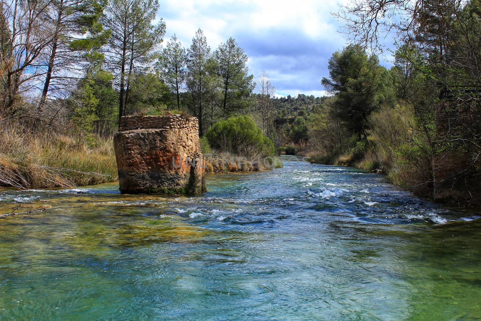 Cabriel River with crystal clear waters and surrounded by green vegetation in the mountains of Albacete, Spain