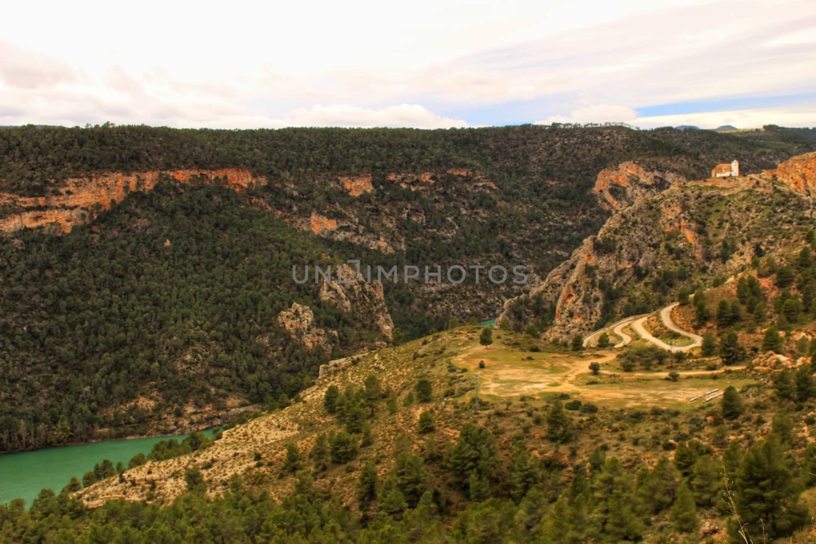 Views of the town of Villa de Ves between mountains and on top of the Sanctuary. Community of Castilla La Mancha, Albacete, Spain.