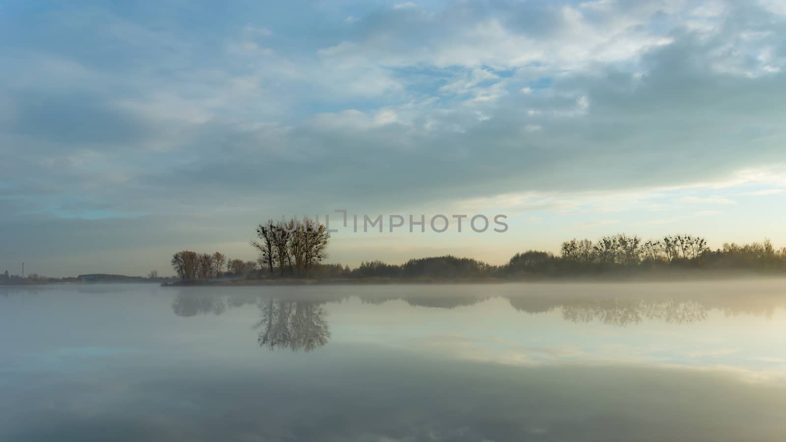Fog over a calm lake, trees on the horizon, october view