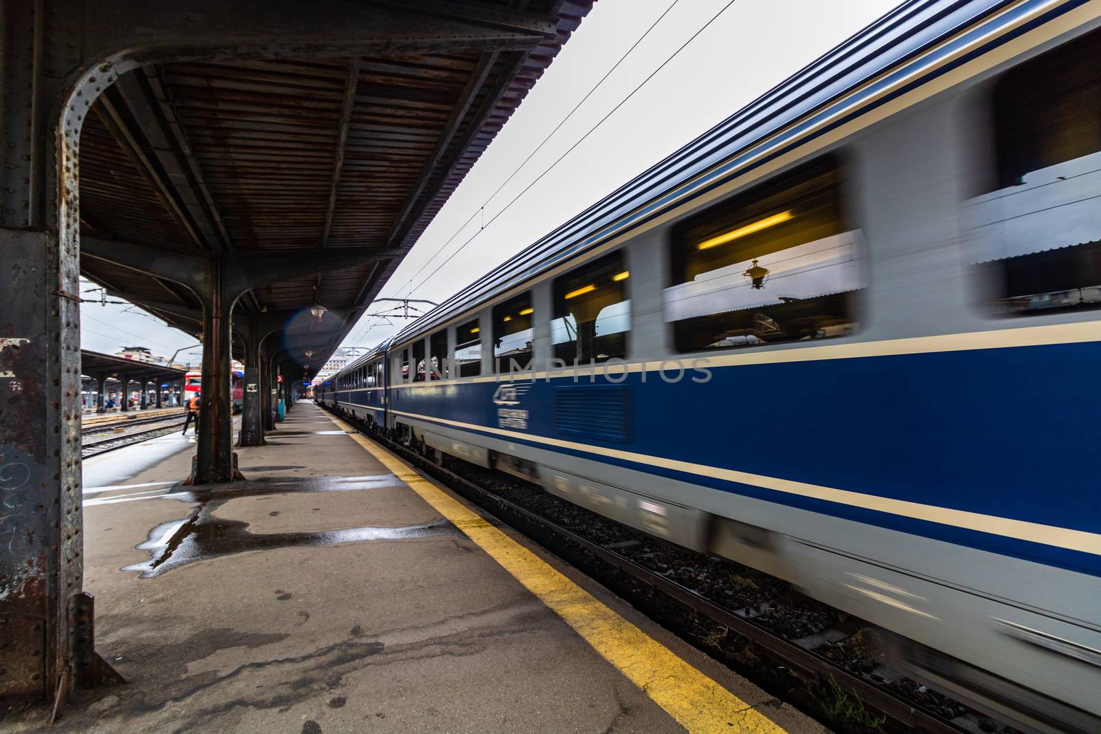 Changes and complications caused by coronavirus COVID-19 virus, world without crowds, empty train platform. No commuters, no travelers at the North Railway Station in Bucharest, Romania, 2020