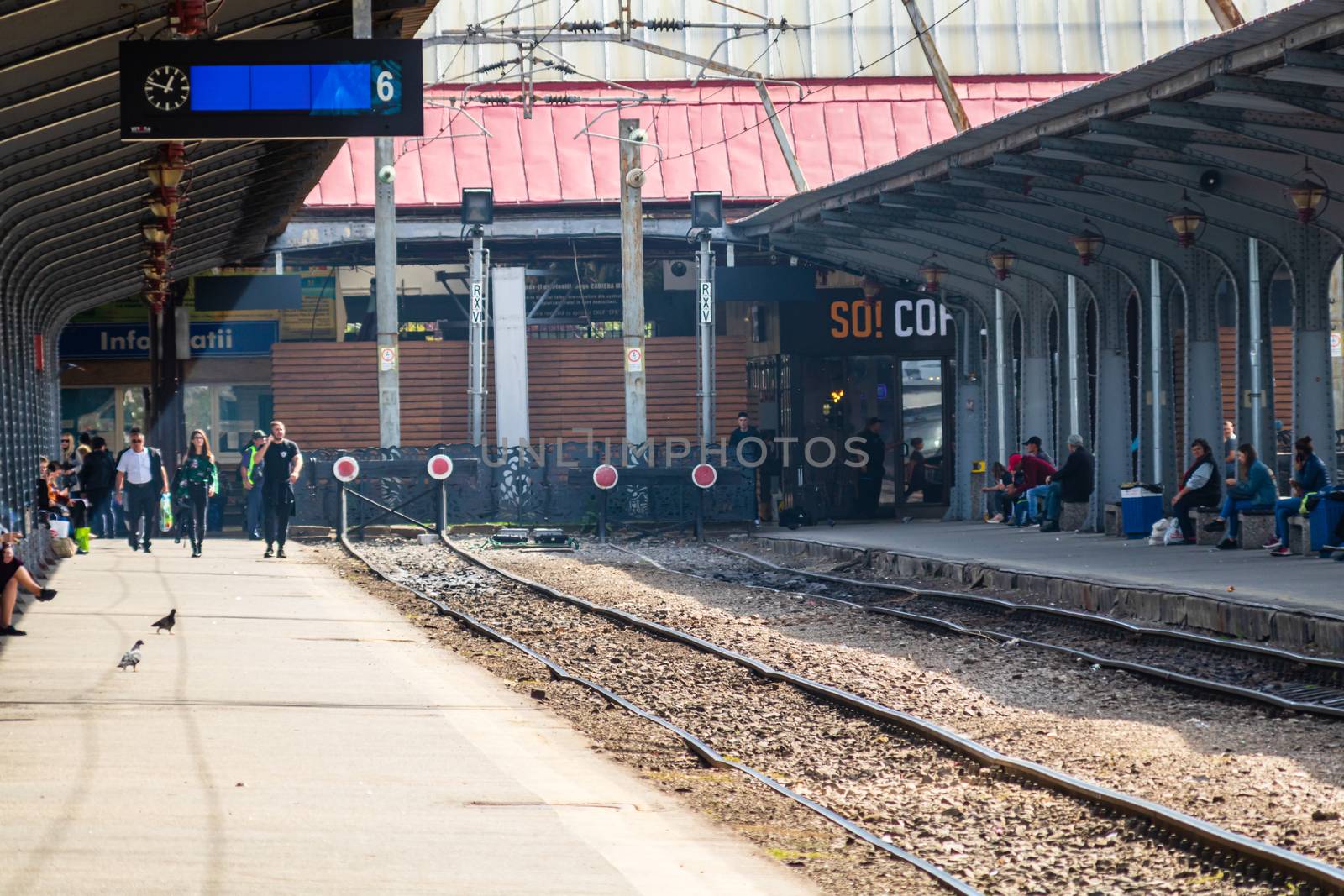 Changes and complications caused by coronavirus COVID-19 virus, world without crowds, empty train platform. No commuters, no travelers at the North Railway Station in Bucharest, Romania, 2020