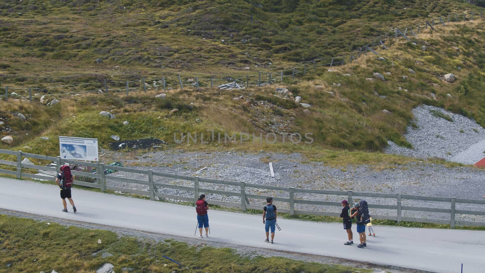 Aerial view of tourists hiking up the mountain at Kuhtai in the Austrian Alps