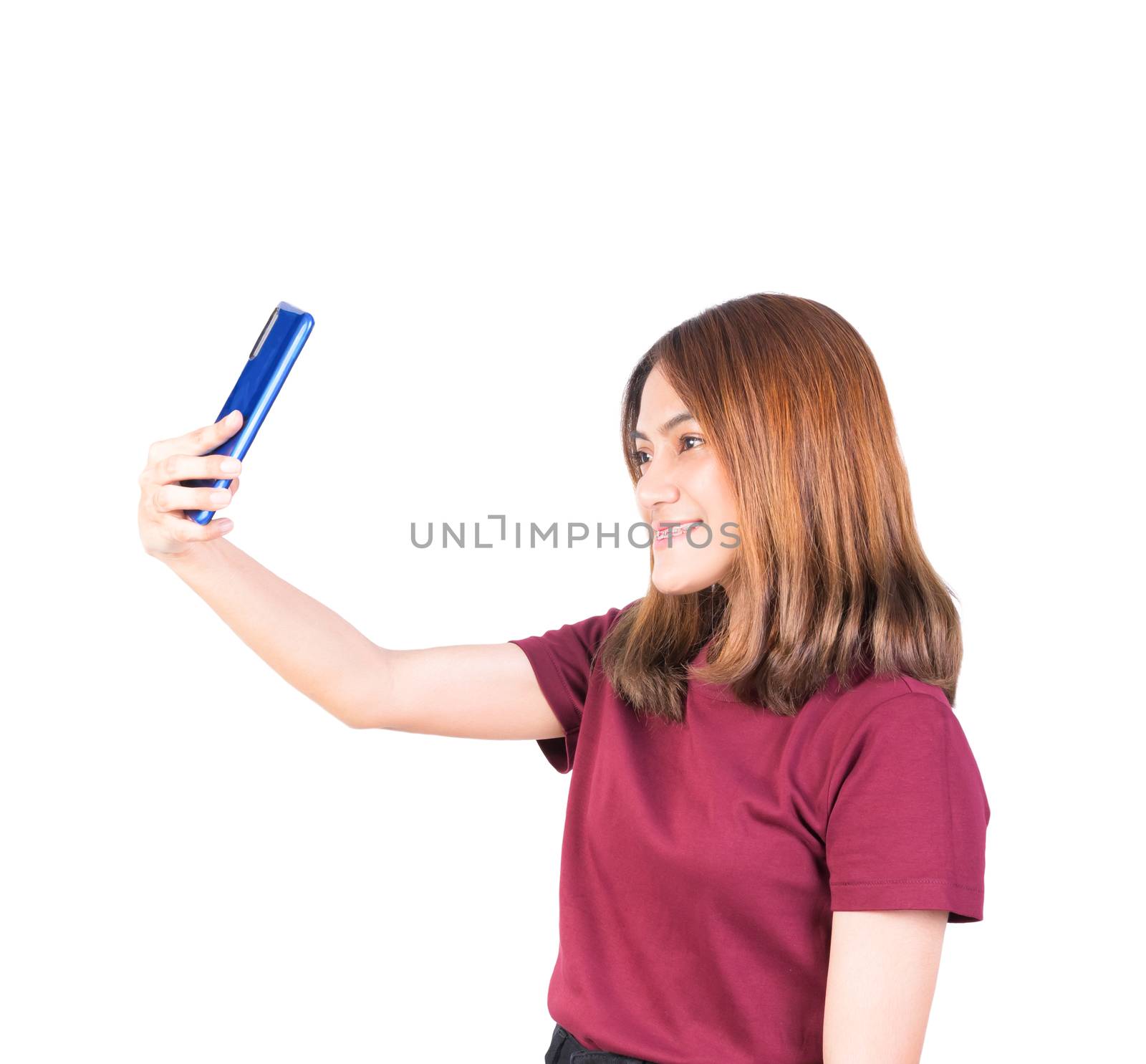 woman use selfie photo smartphone. closeup on white background