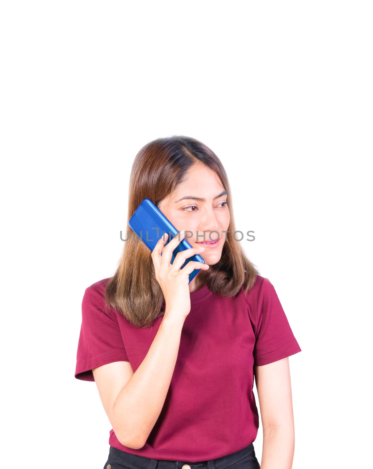 woman use smartphone talk. closeup on white background by pramot