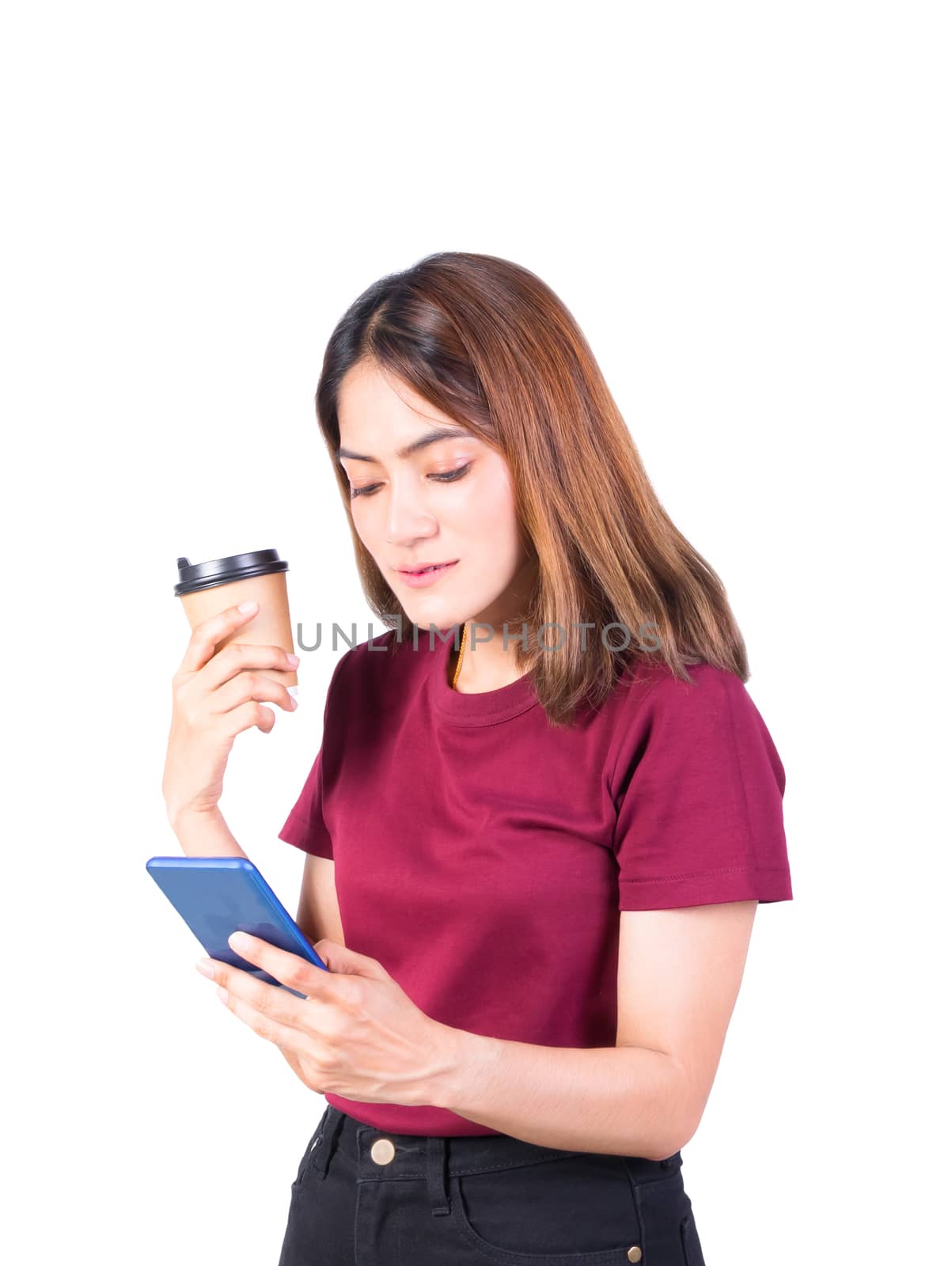 woman use photo smartphone and hand hold coffee cup. closeup on white background