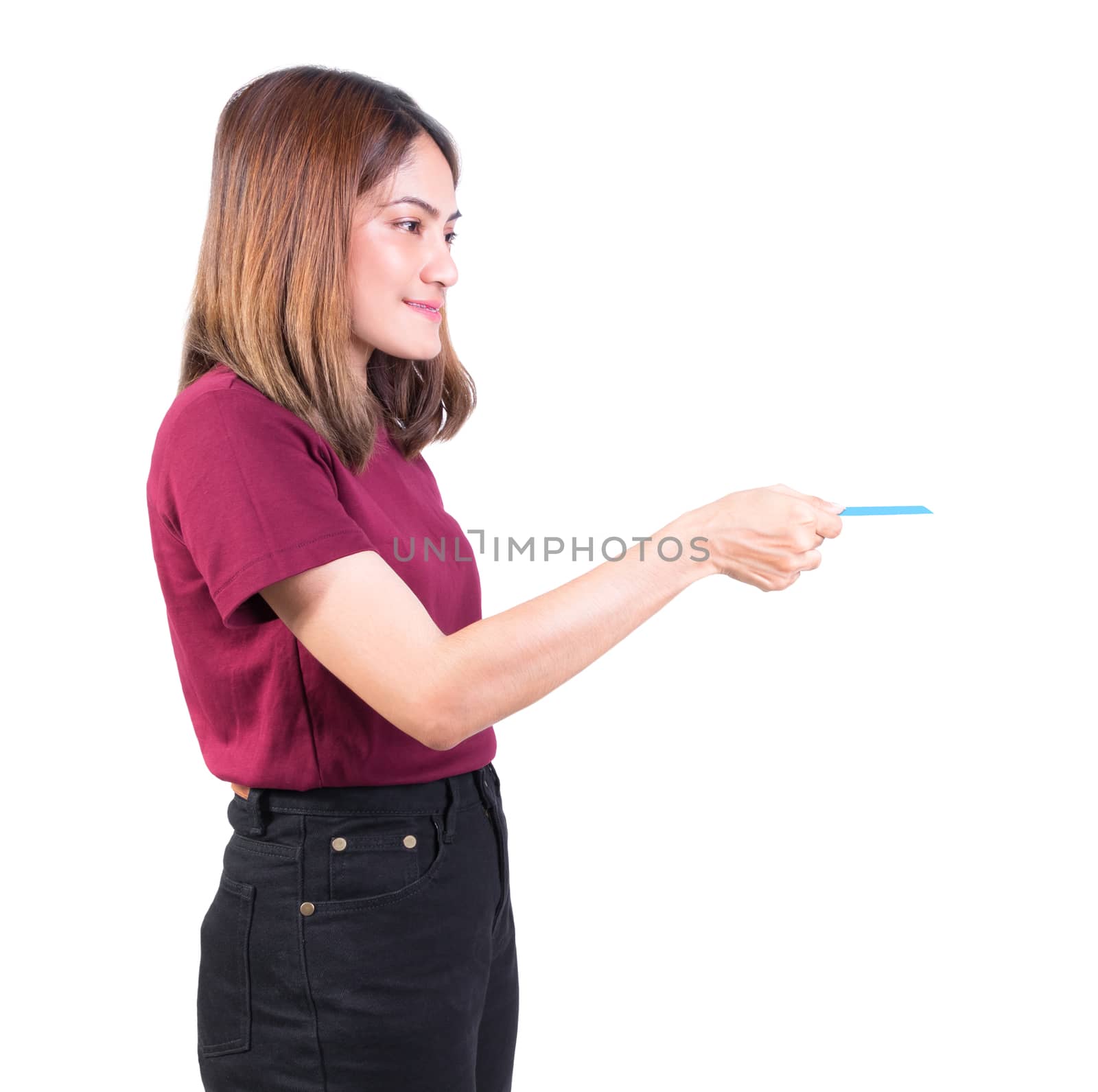 woman holding credit card. closeup on white background