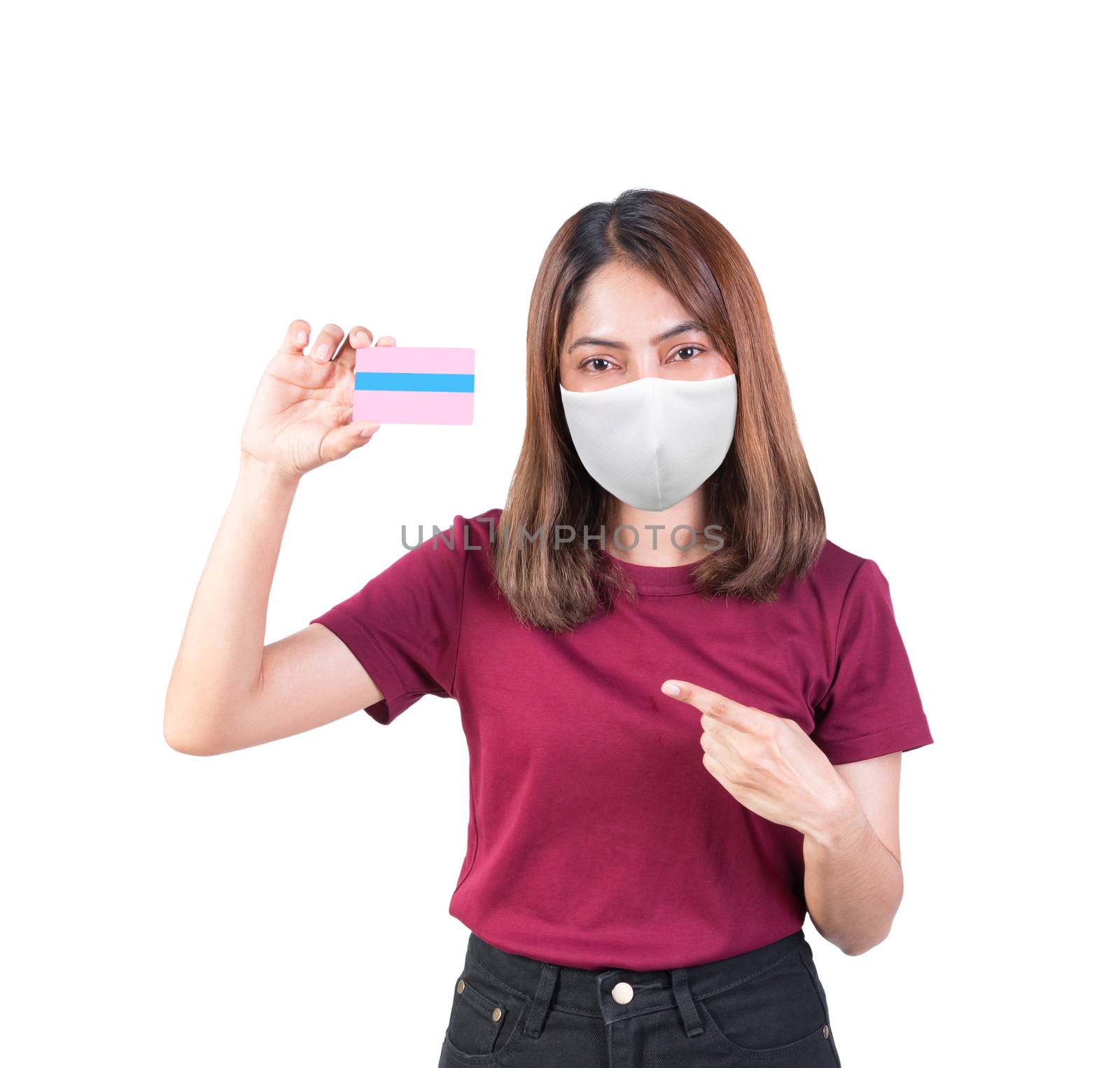 woman holding credit card Pointing finger and wearing fabric mask safety Covid-19 or on white background