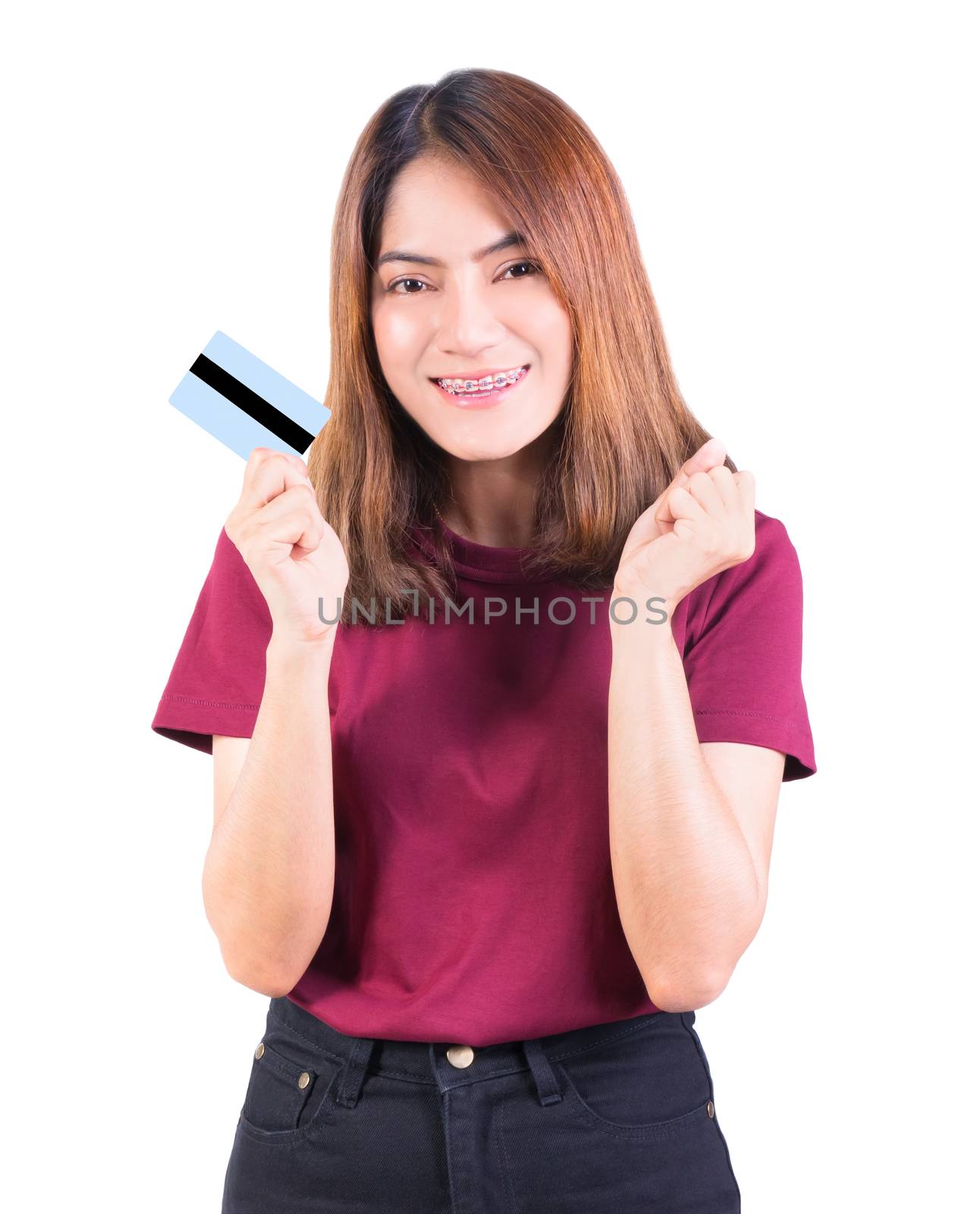 woman holding credit card. closeup on white background