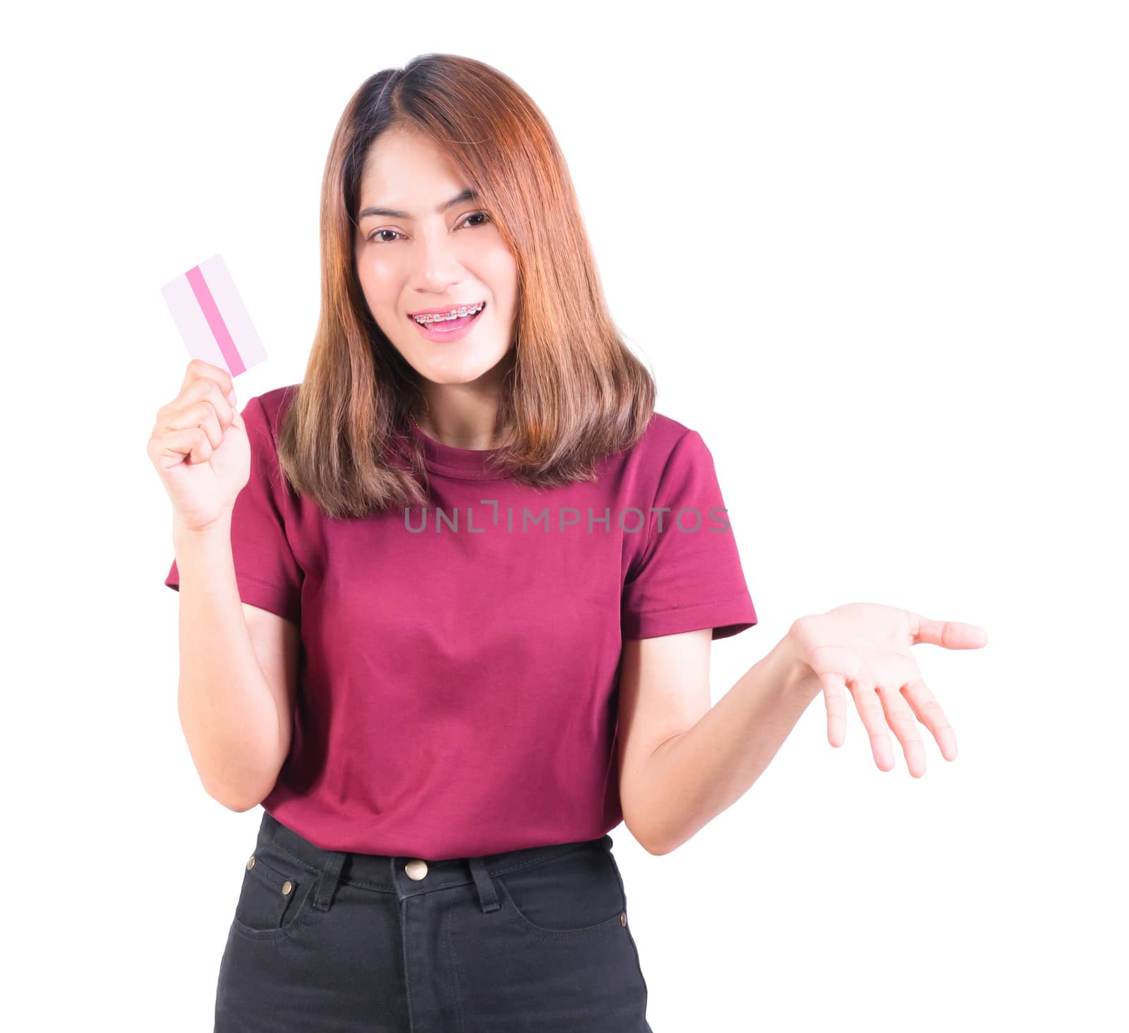 woman holding credit card. closeup on white background by pramot