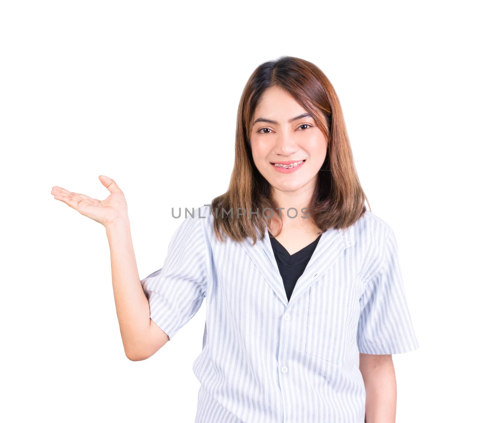 woman showing open hand for product or something portrait on white background