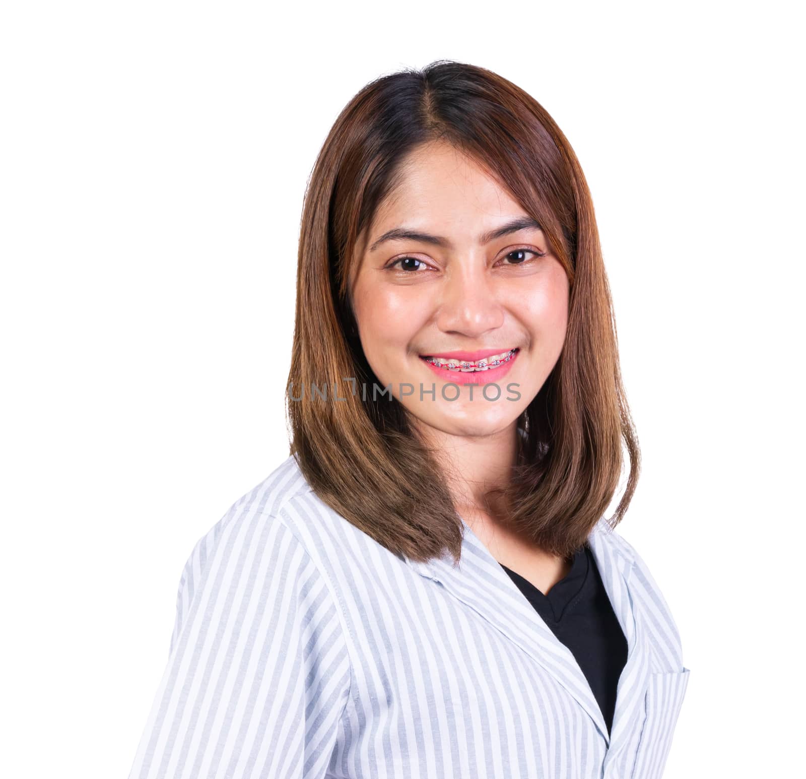 portrait of woman smile happy on white background by pramot