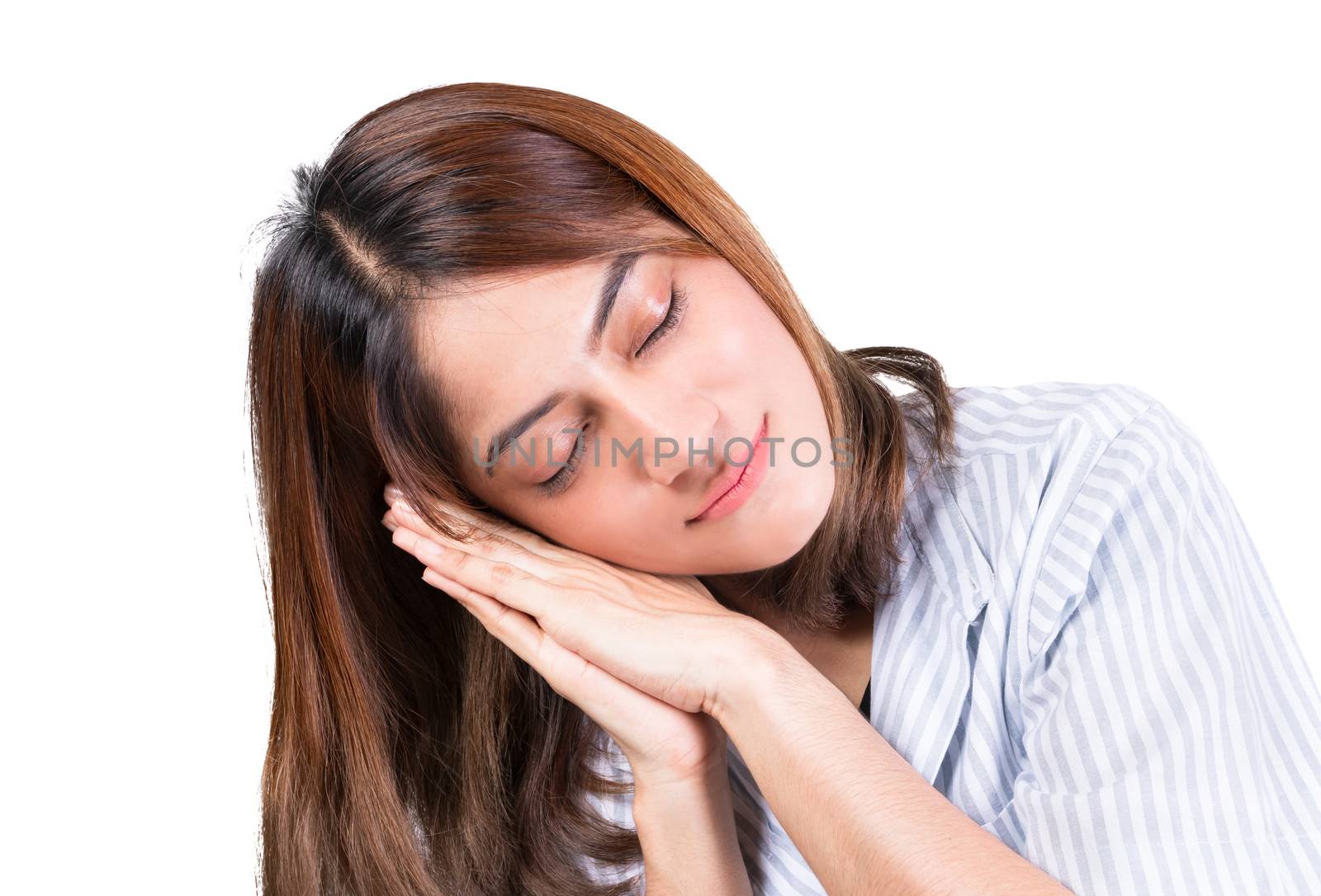 woman sleeping on her hand with white background. close up portrait