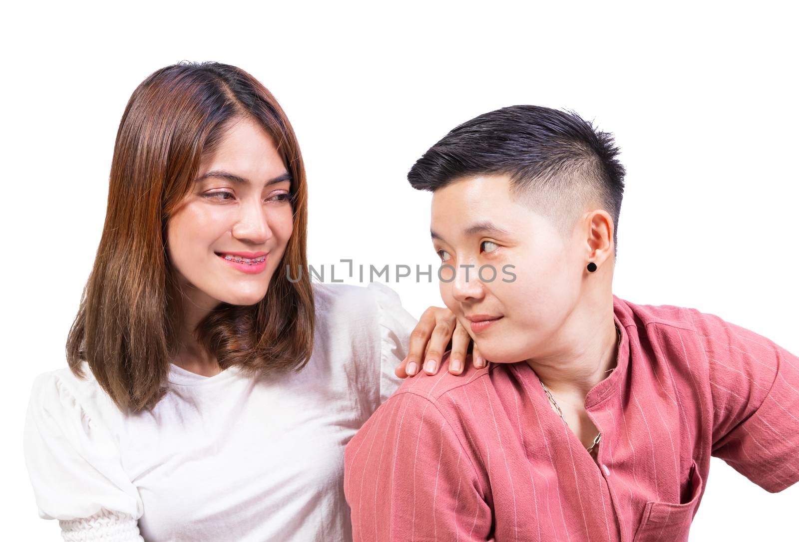 Closeup Two smiling woman young girls look tomboy happiness friends on with white background