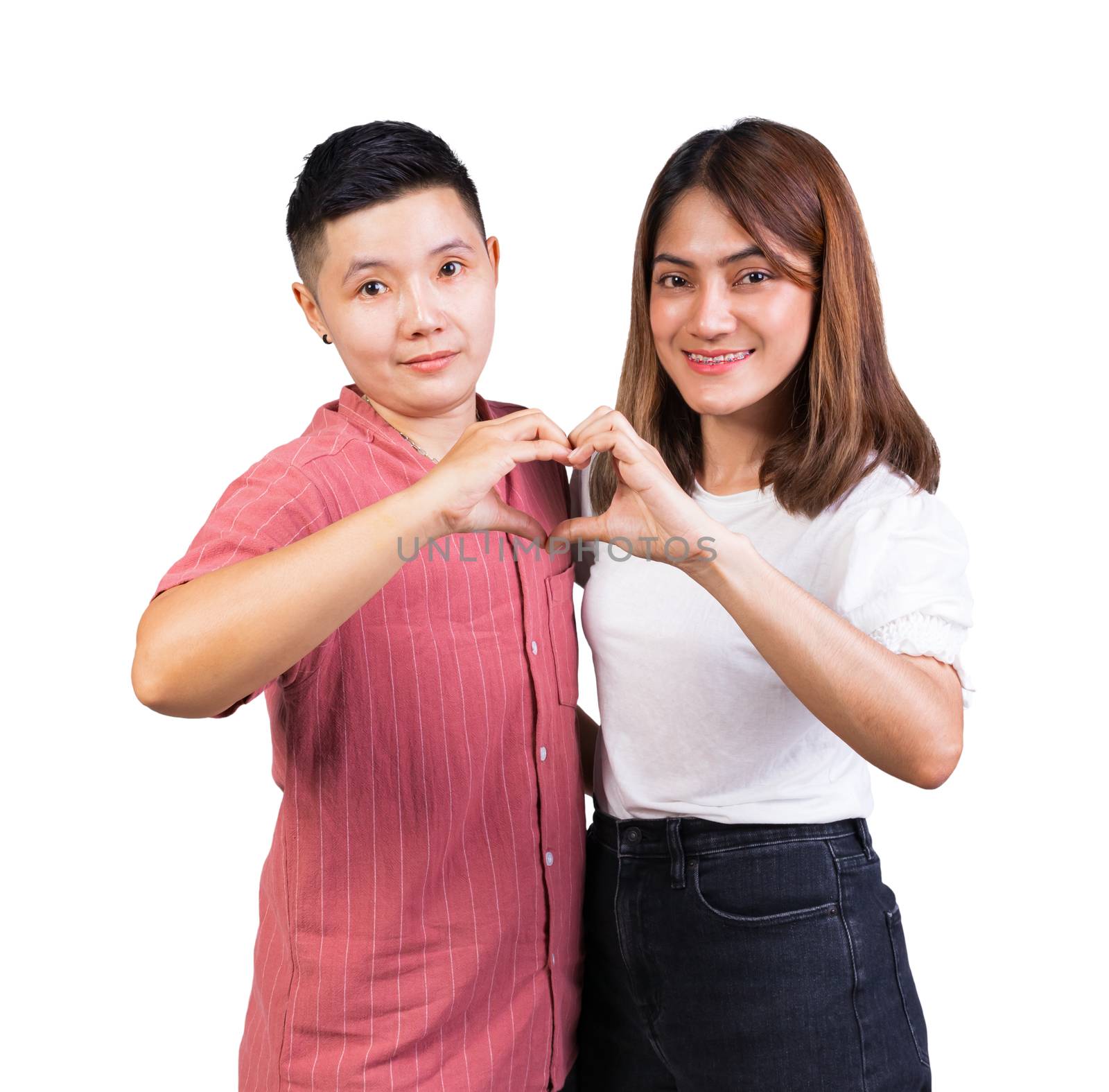 woman and tomboy romantic happy  in love gesturing heart with finger on white background