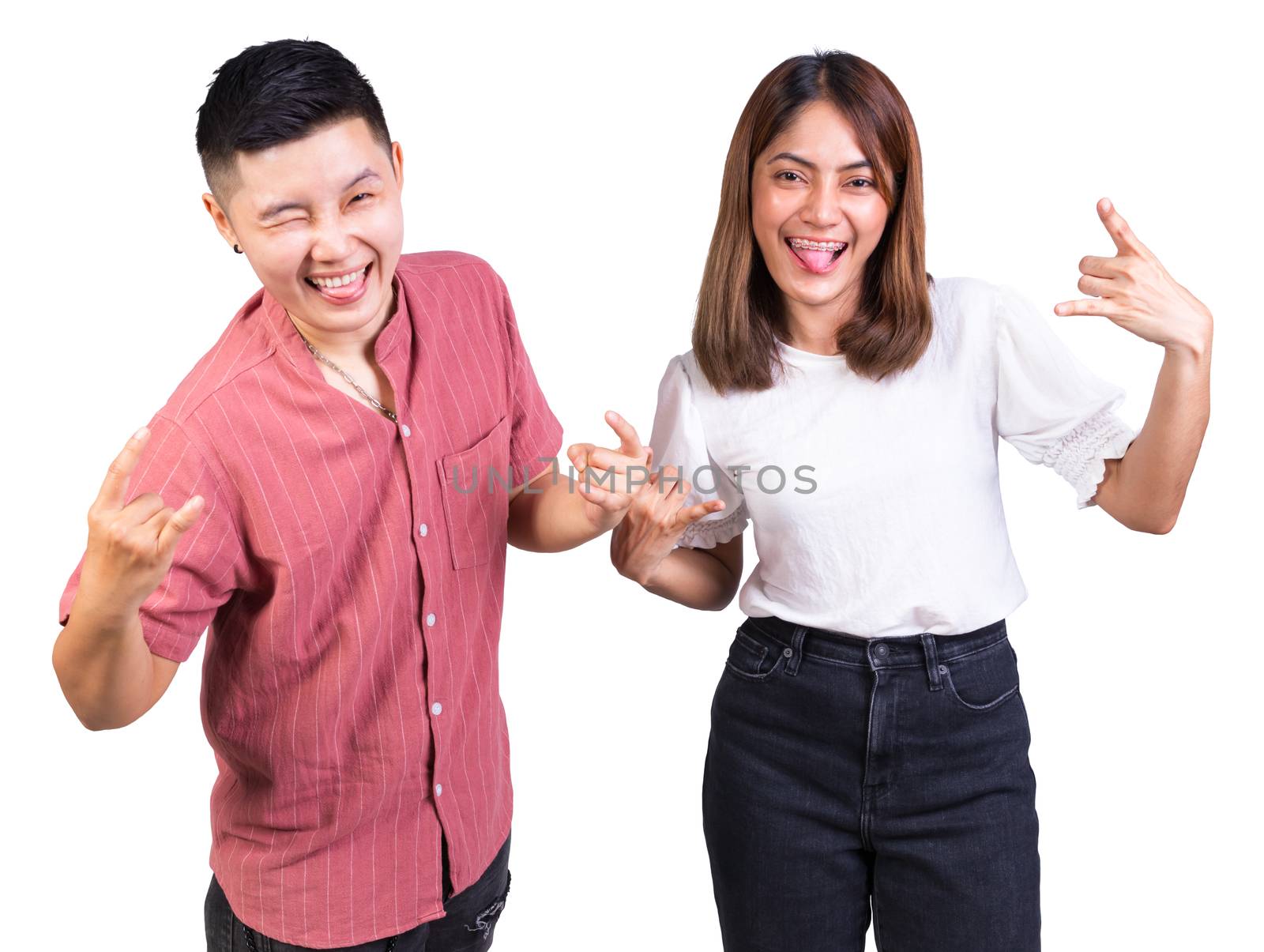 woman and tomboy happy couple dance together against on white background