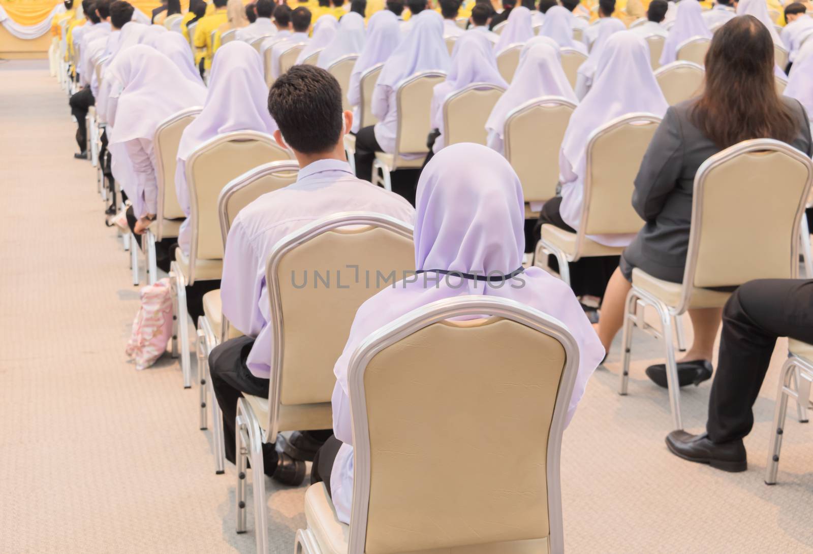 chair in classroom and student Muslims  have Social distance by pramot
