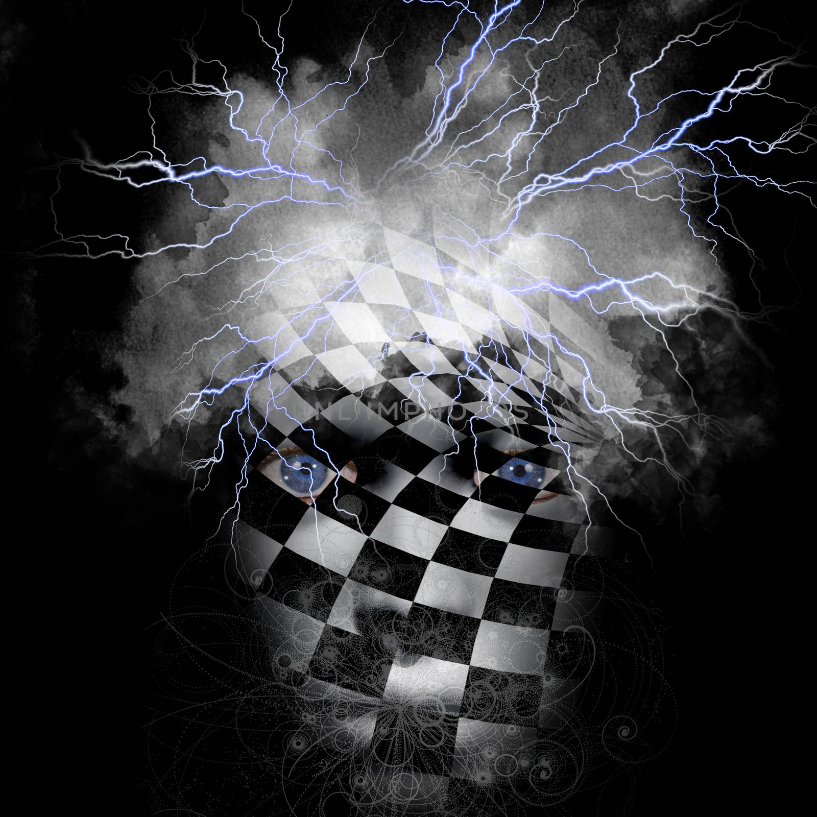 Mask with chessboard and lightnings on black. 3D rendering