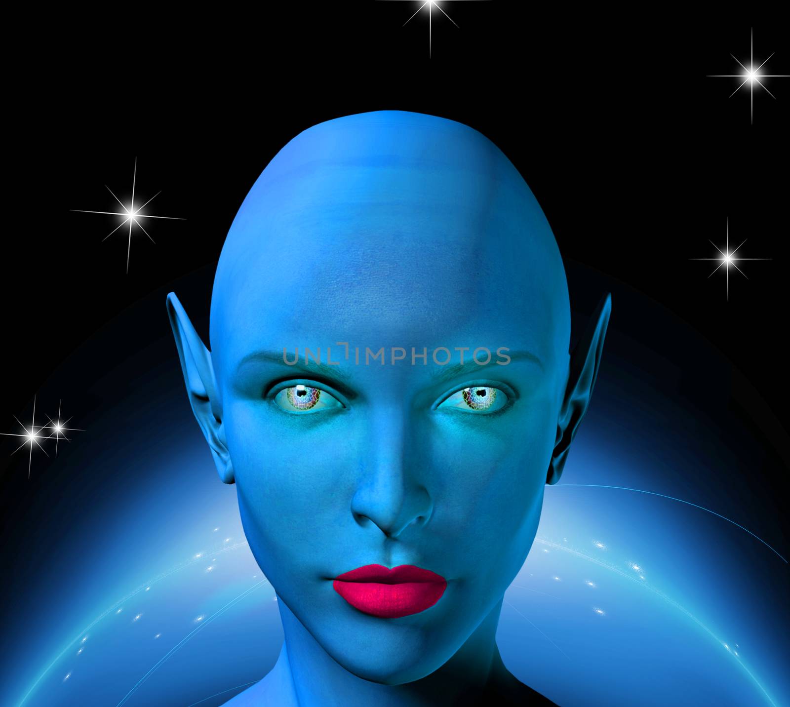 The face of female alien. Shining planet on a background. 3D rendering