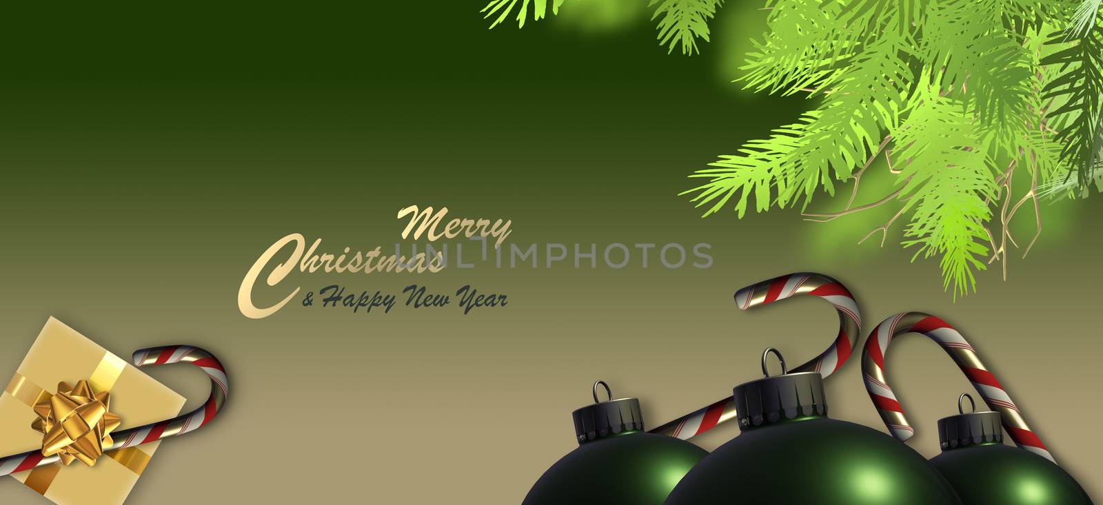 Christmas magic background. Xmas realistic balls baubles, Xmas gift box with glowing bow, fir branches, candy cane on green gold background. Gold text Merry Christmas Happy New Year. 3D illustration