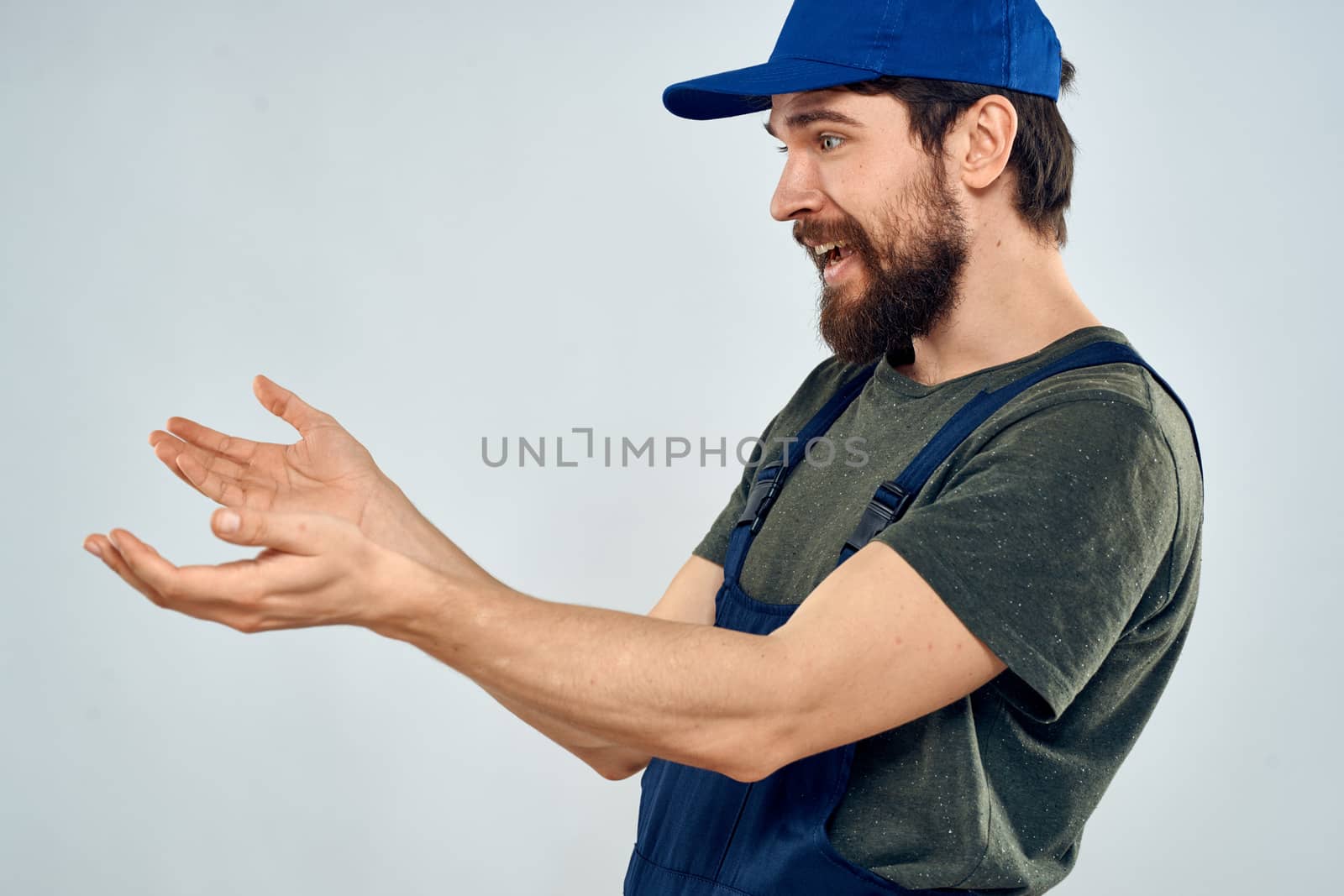 Worker man with box delivery packing work service. High quality photo