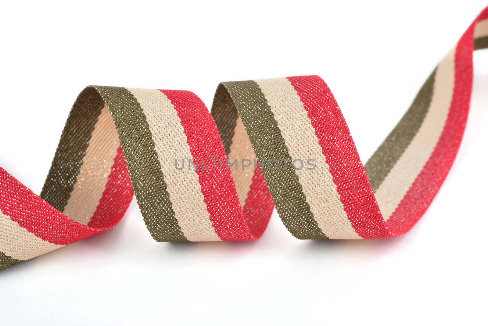 Red khaki green beige Cotton ribbon, strapping tape with curl on white backgroud. Use for sewing clothes, bags. Space for text.