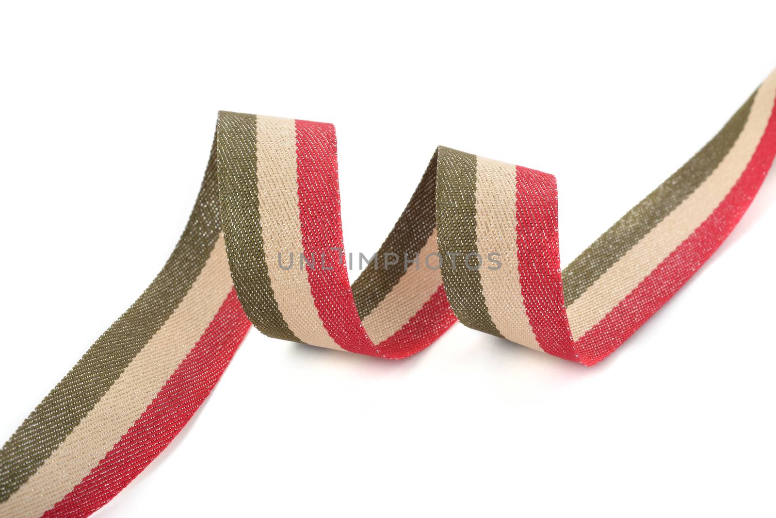 Red khaki green beige Cotton ribbon, strapping tape with curl on white backgroud. Use for sewing clothes, bags. Space for text.