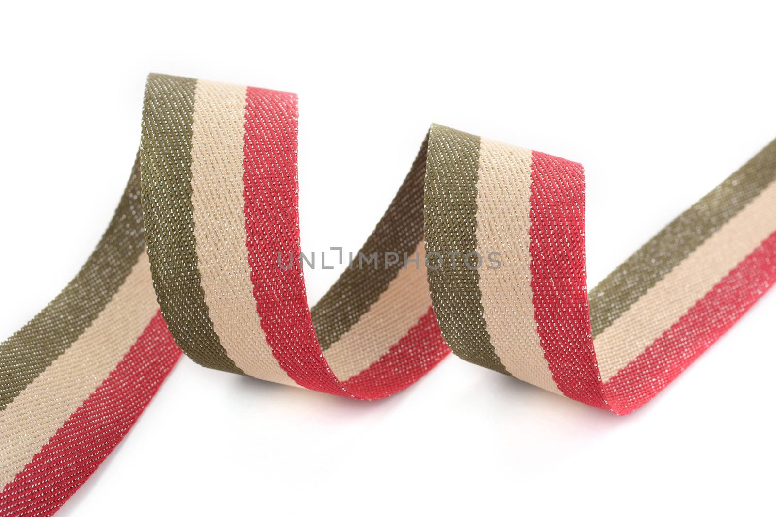 Red khaki green beige Cotton ribbon, strapping tape with curl on white backgroud. Use for sewing clothes, bags. Space for text.