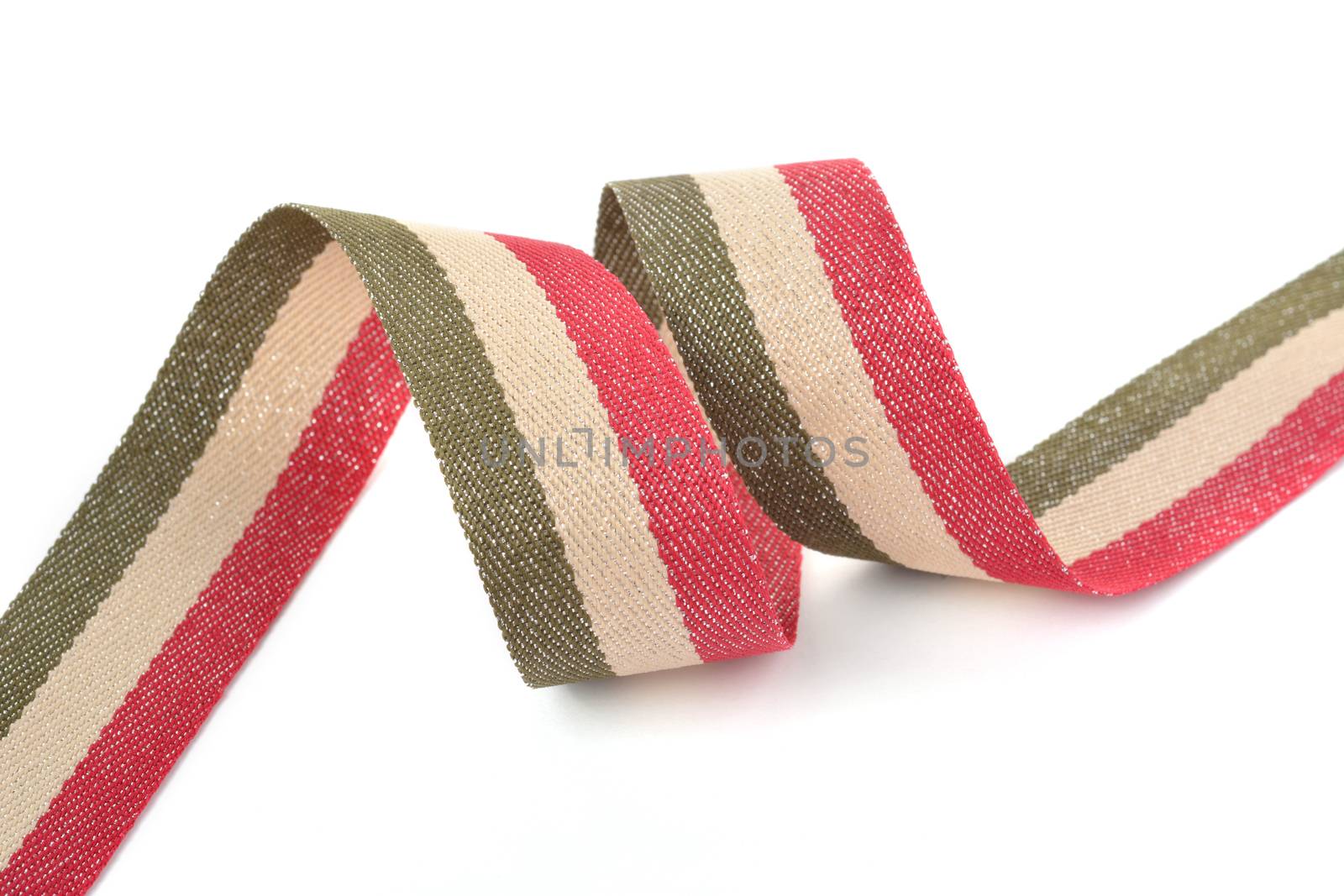 Red khaki green beige Cotton ribbon, strapping tape with curl on white backgroud. Use for sewing clothes, bags. Space for text.