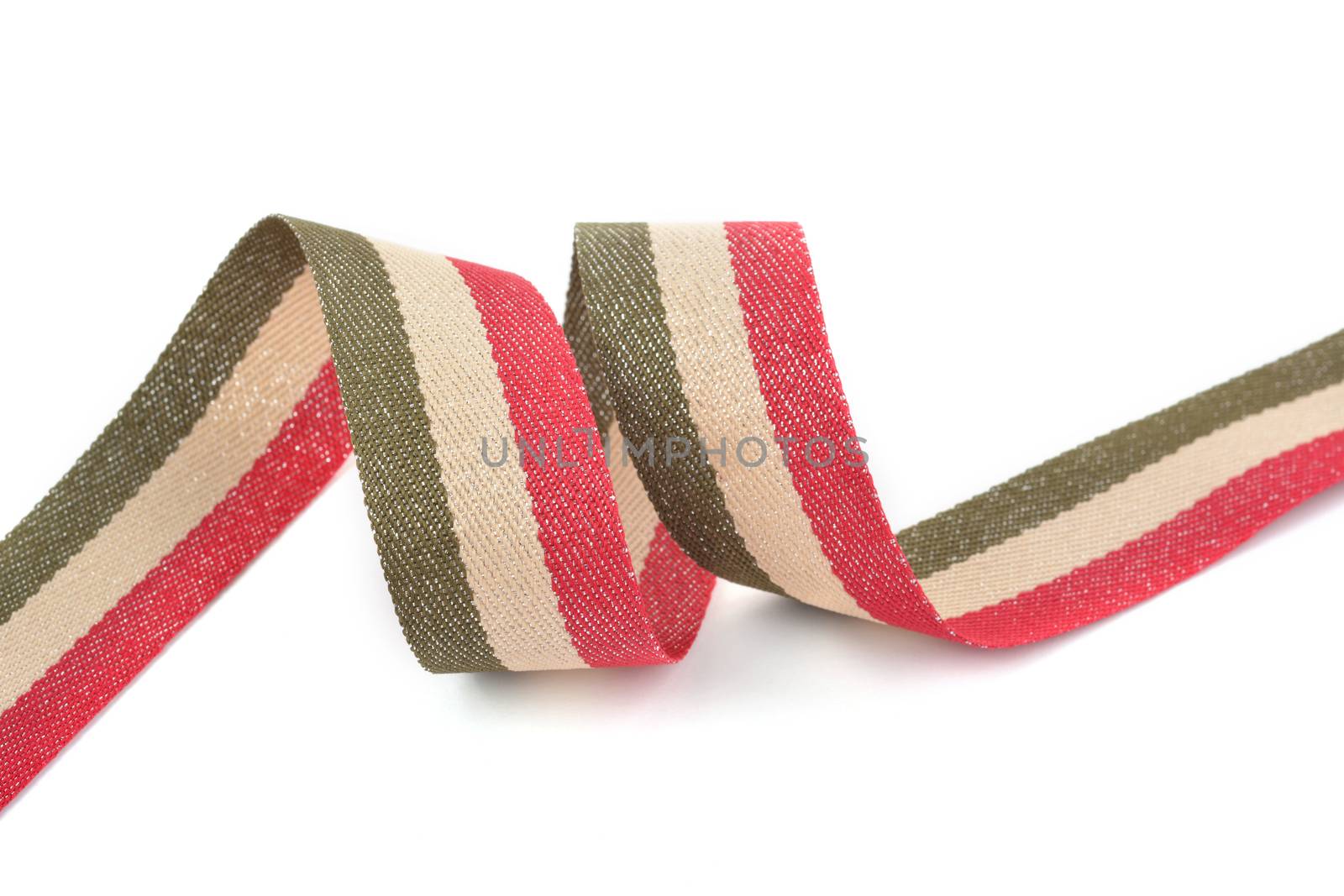 Red khaki green beige Cotton ribbon, strapping tape with curl on white backgroud. Use for sewing clothes, bags. Space for text.