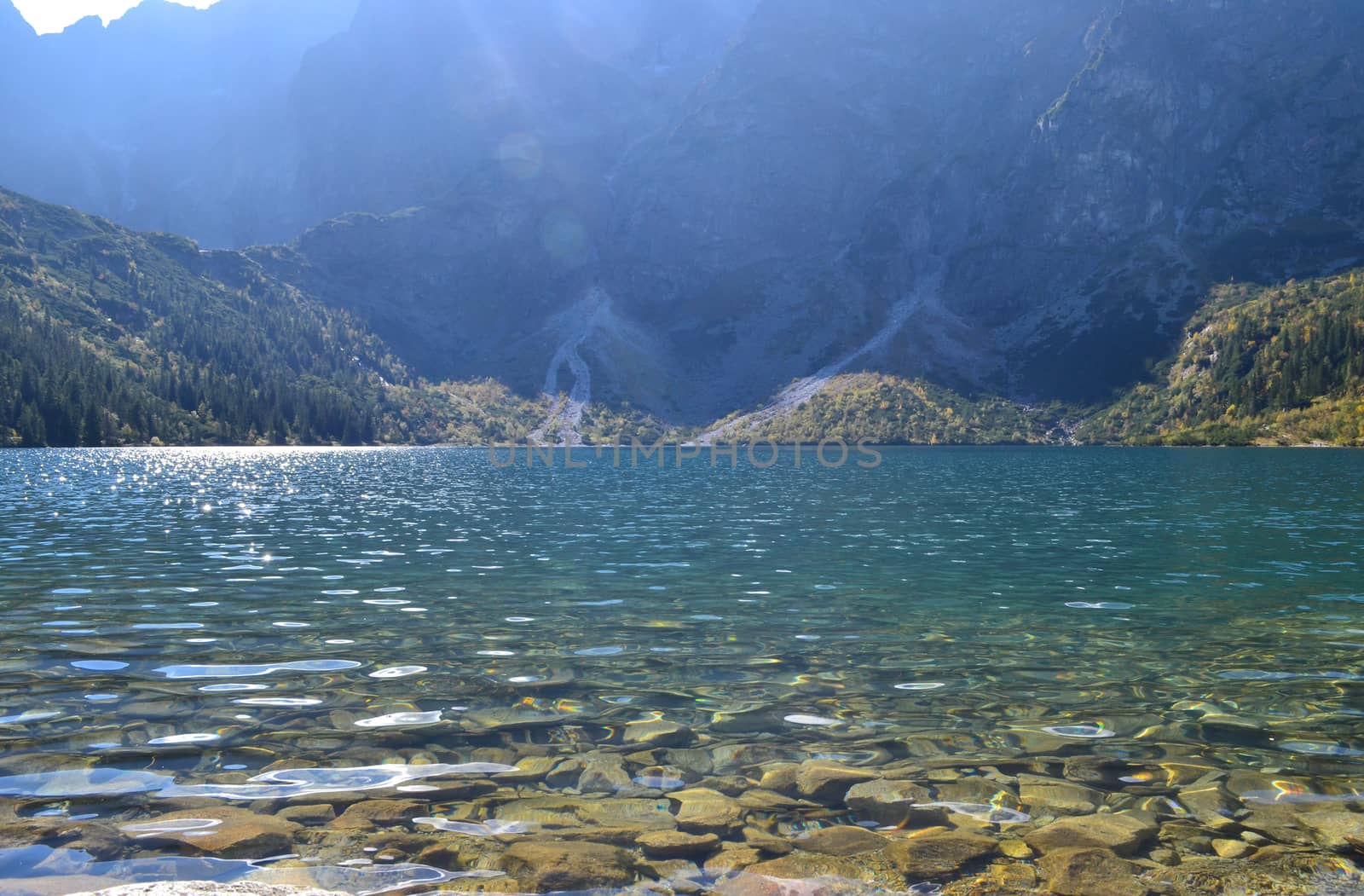 Mountain lake Morskie Oko. Poland. rocky lake with clear water. against the background of mountain rocks