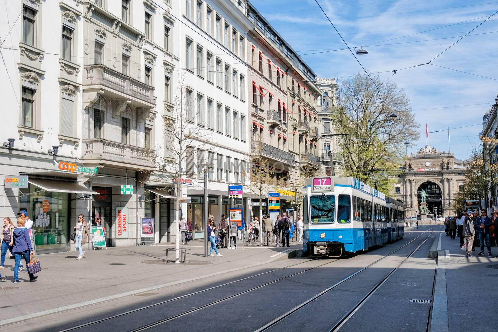 Zurich, Switzerland - 29 March : a tram passing along Bahnhofbrucke bridge in the city of Zurich. Trams make an important contribution to public transport of the city at 29 March 2017