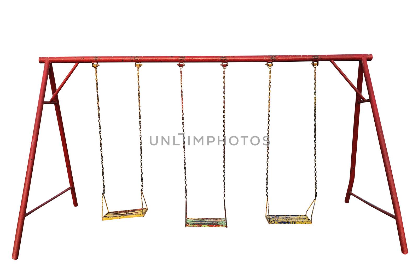 Old empty chain and red swing on white blackground by Surasak