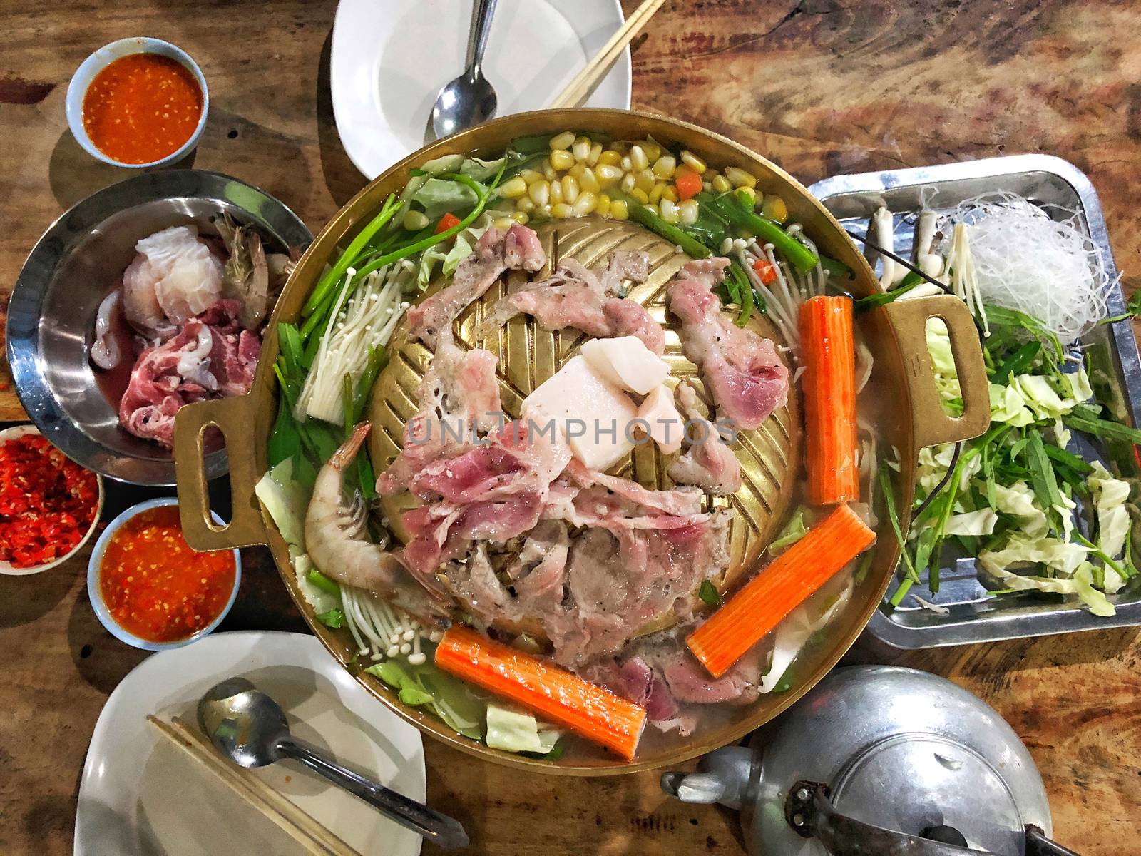 Thai barbecue buffet pork, meat, vegetable by Surasak
