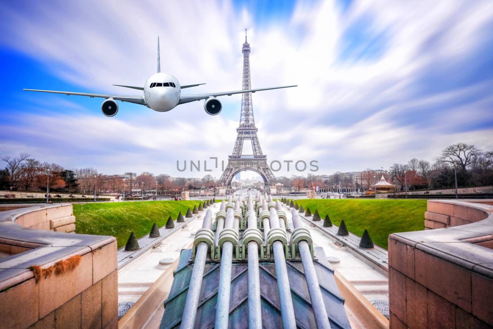 Front of real plane aircraft, on Eiffel Tower in Morning at Pari by Surasak