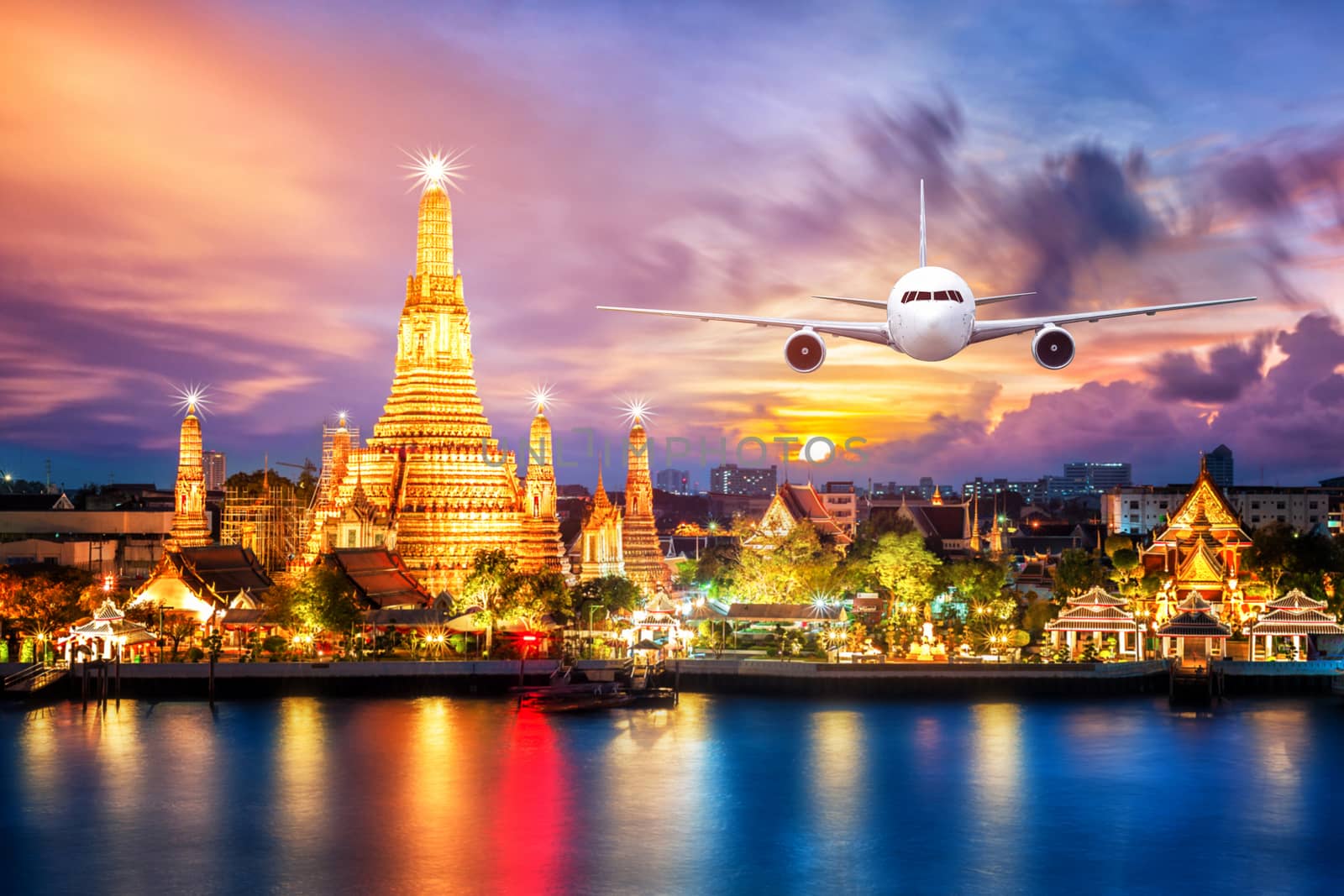 Front of real plane aircraft, on Wat arun at Twilight time at Bangkok, Thailand background