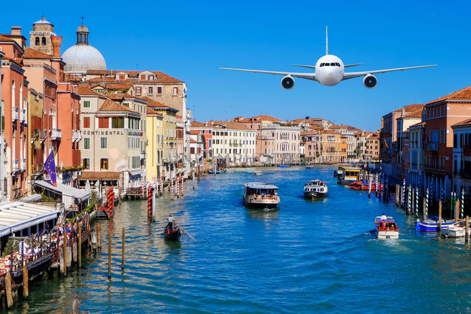 Front of real plane aircraft, on Venice grand canal in Sunrise at Venice, Italy background