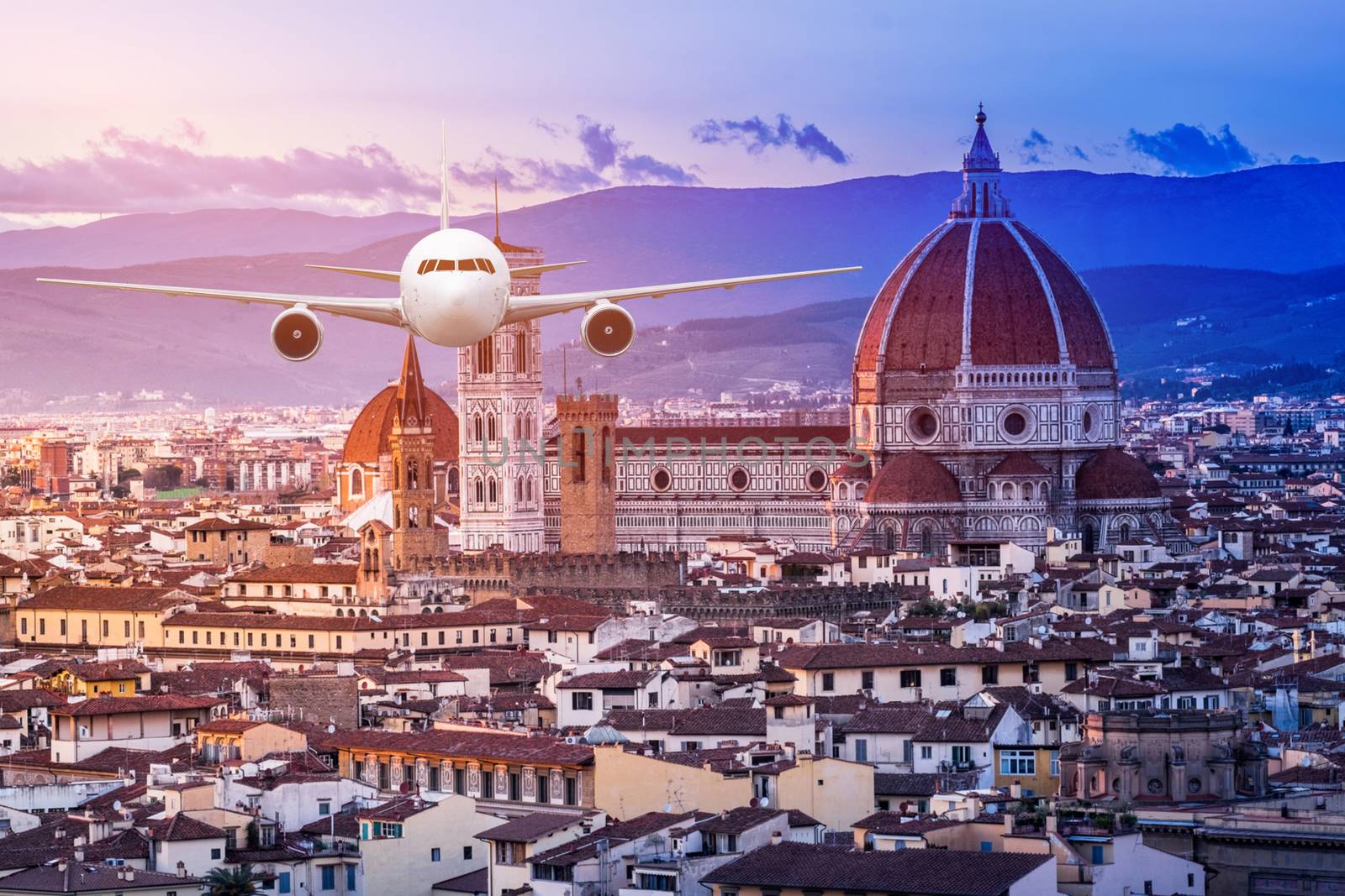 Front of real plane aircraft, on Florence Cathedral Santa Maria del Fiore in Sunrise at Florence, Italy background