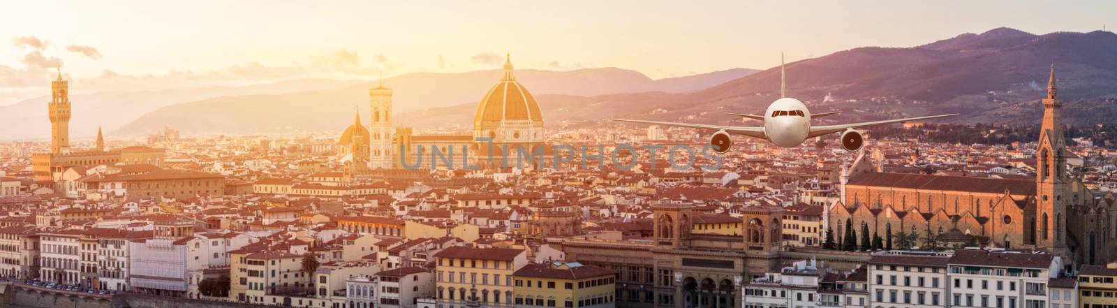 Front of real plane aircraft, on Florence Cityscape in Sunrise at Florence, Italy background