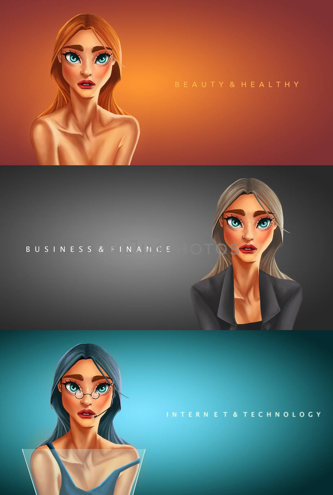 Digital painting woman in defferent styles: business girl, healthy girl, and social girl 