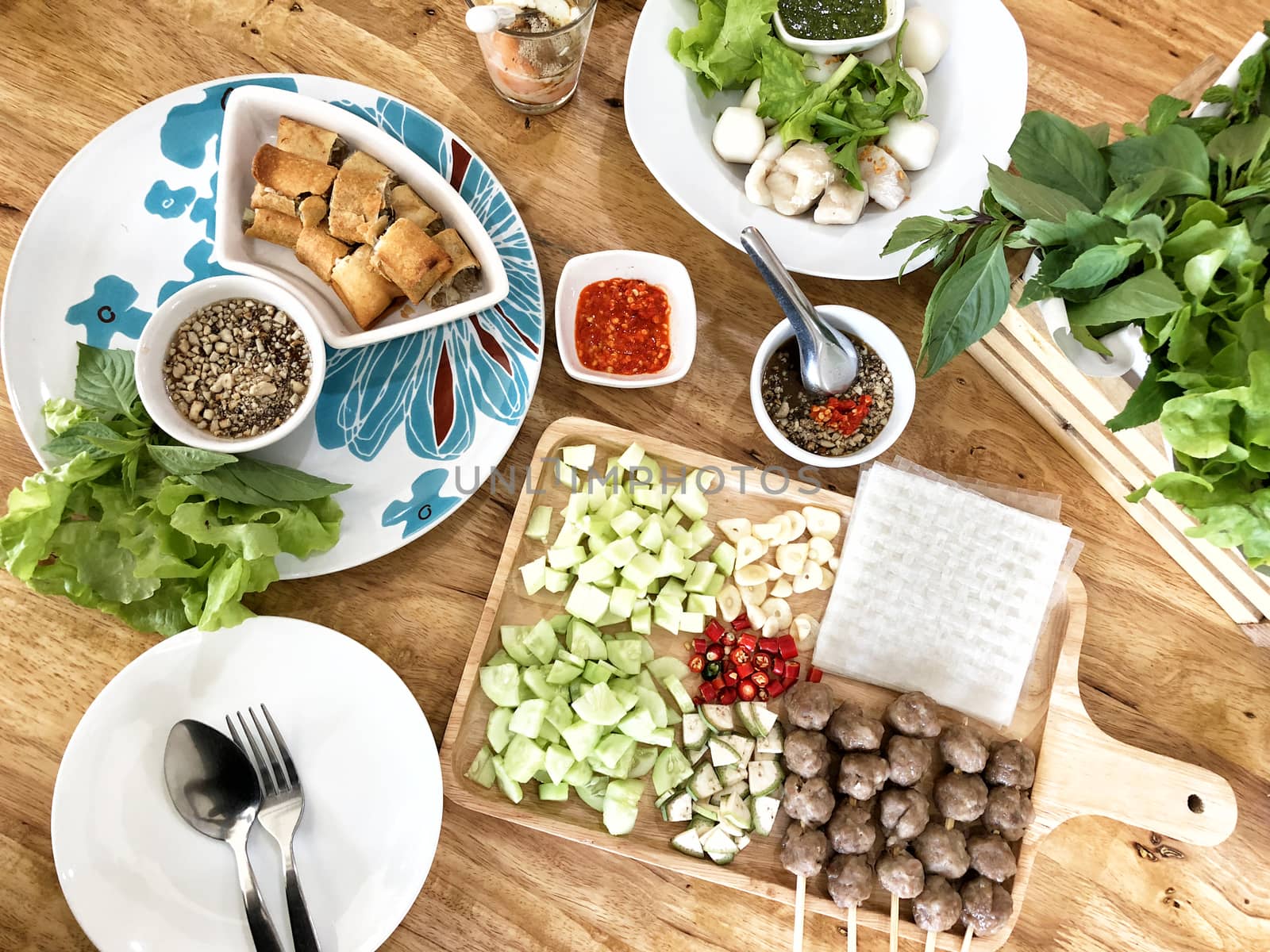 Vietnamese Meatball Wraps (Nam Neung) served with vegetable, Vie by Surasak