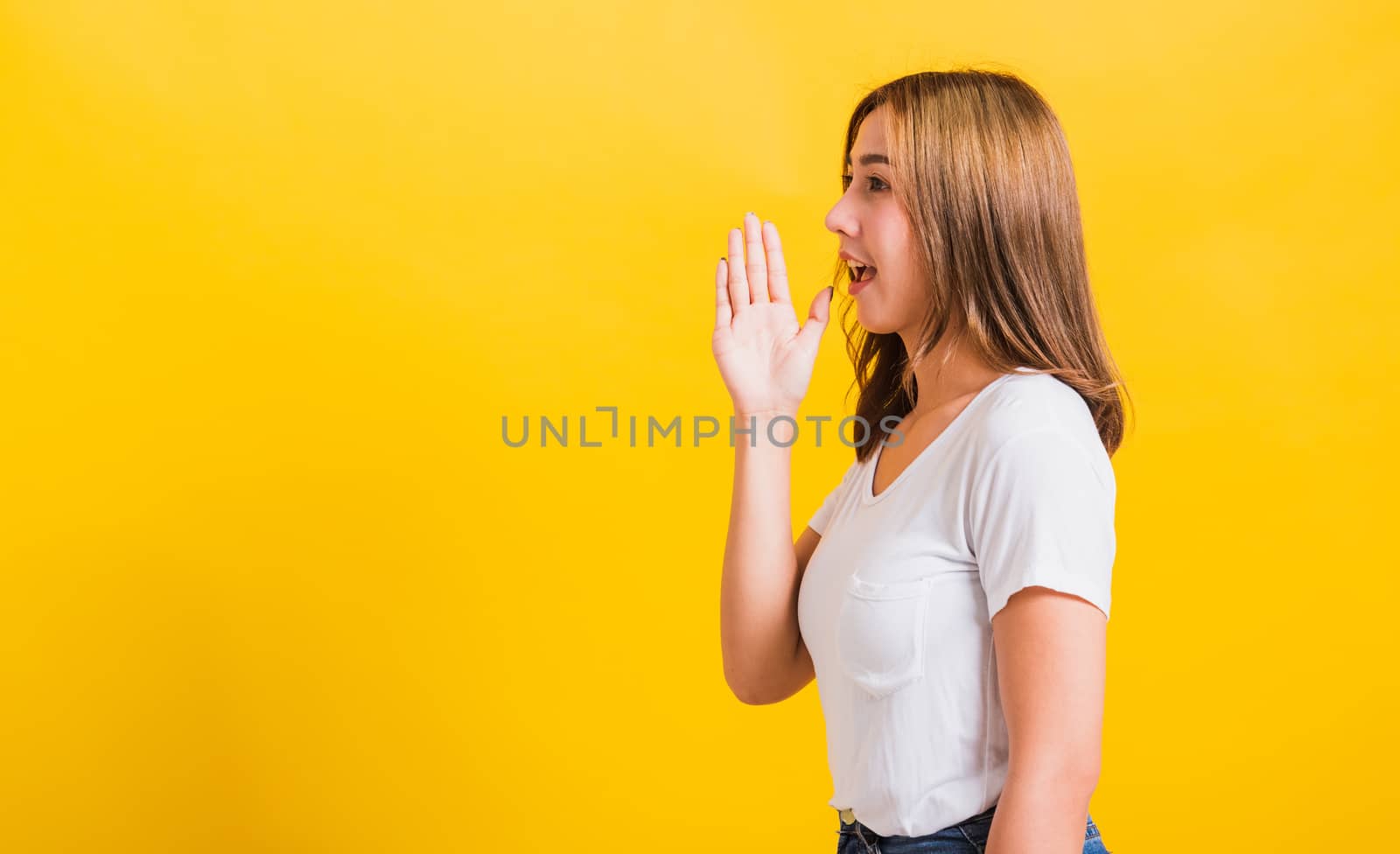 woman teen standing hand on mouth talking whispering secret rumo by Sorapop