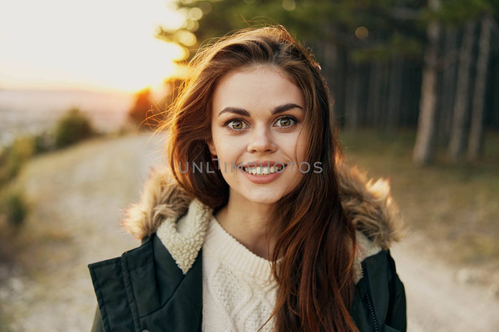 Surprised woman smile emotions fresh air exercise rest day. High quality photo