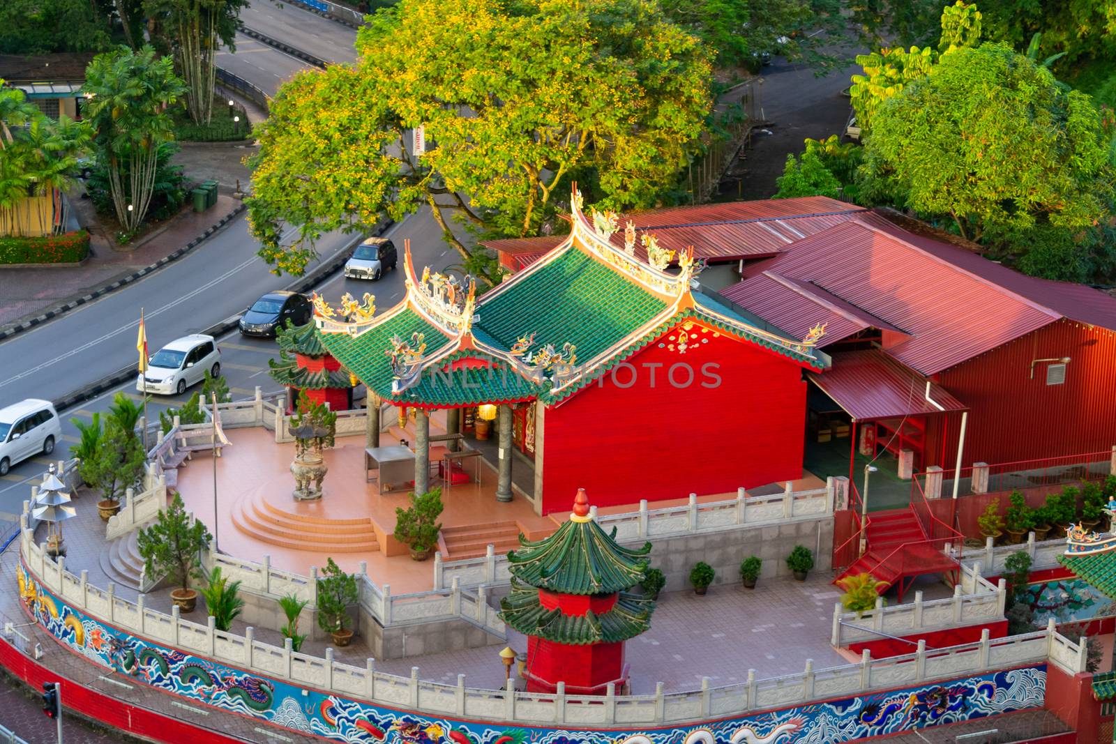 Kuching, Malaysia, May 2013: Aerial vibrant and colorful Tua Pek Kong Temple in Kuching, Malaysia