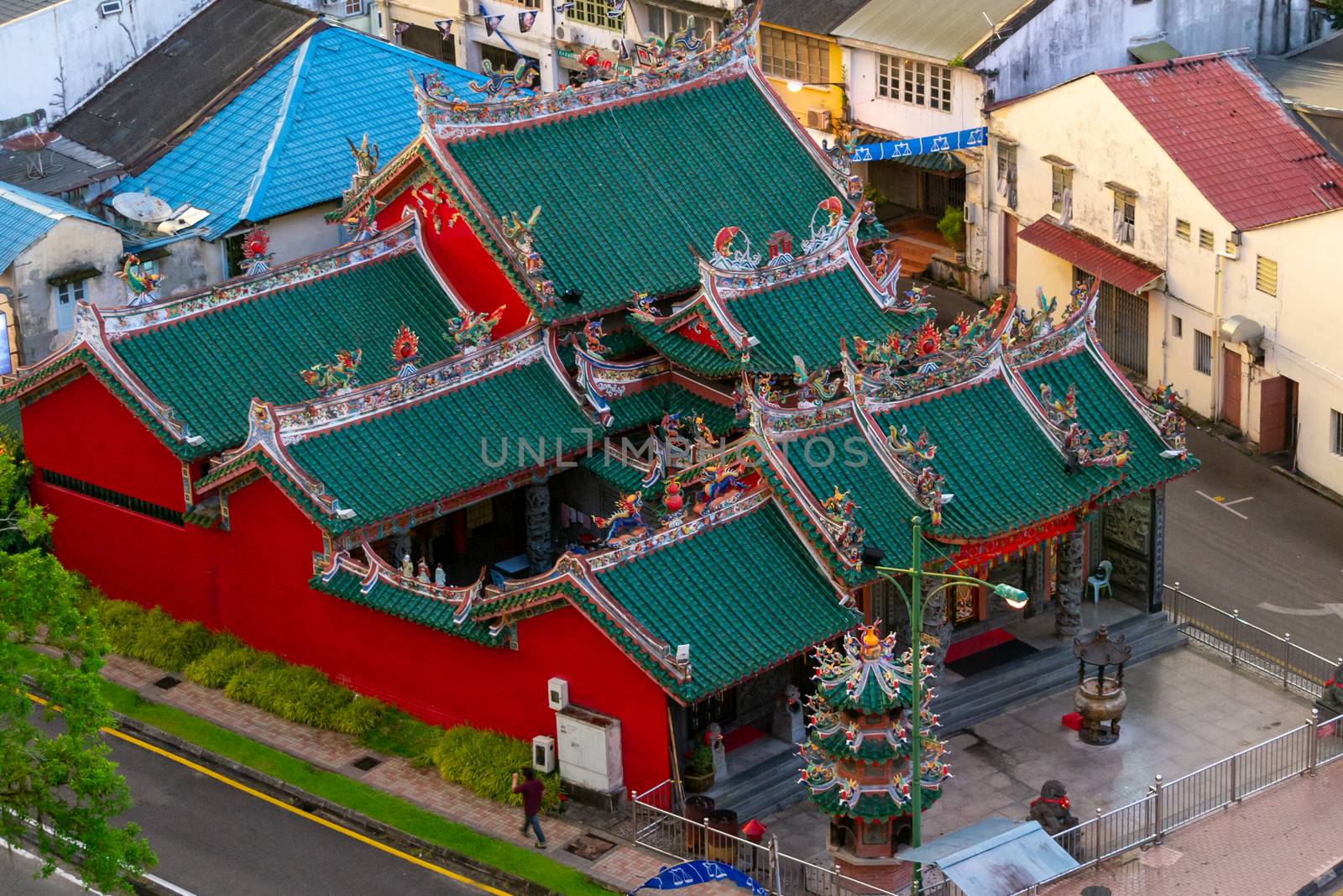 Kuching, Malaysia, May 2013: Aerial vibrant and colorful Tua Pek Kong Temple in Kuching, Malaysia