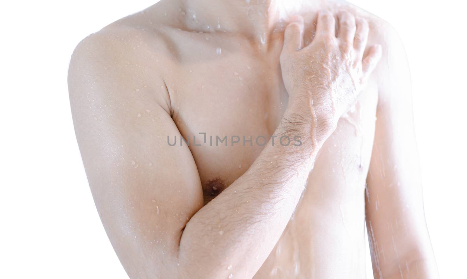 Closeup handsome asian man taking a shower isolated on white background