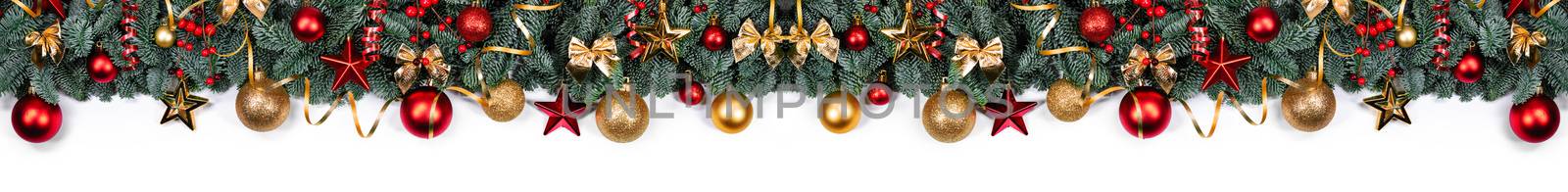 Christmas border frame design copmosition of noble fir tree branch and red golden decorations baubles isolated on white background