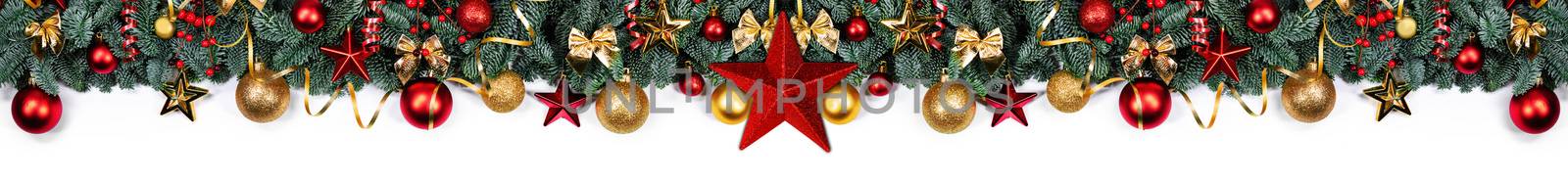 Christmas border frame design copmosition of noble fir tree branch and red golden decorations baubles isolated on white background
