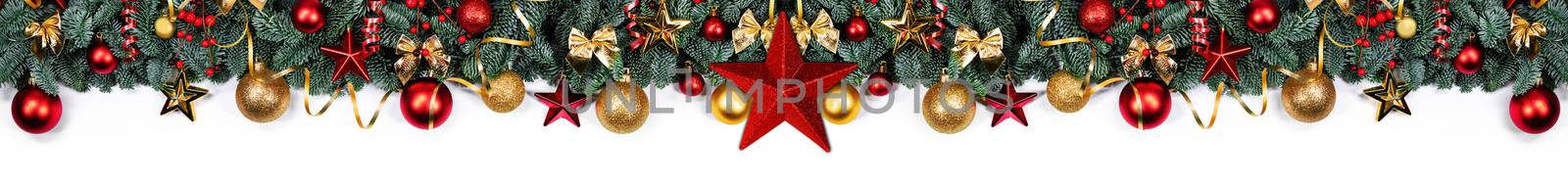 Christmas border frame design copmosition of noble fir tree branch and red golden decorations baubles isolated on white background