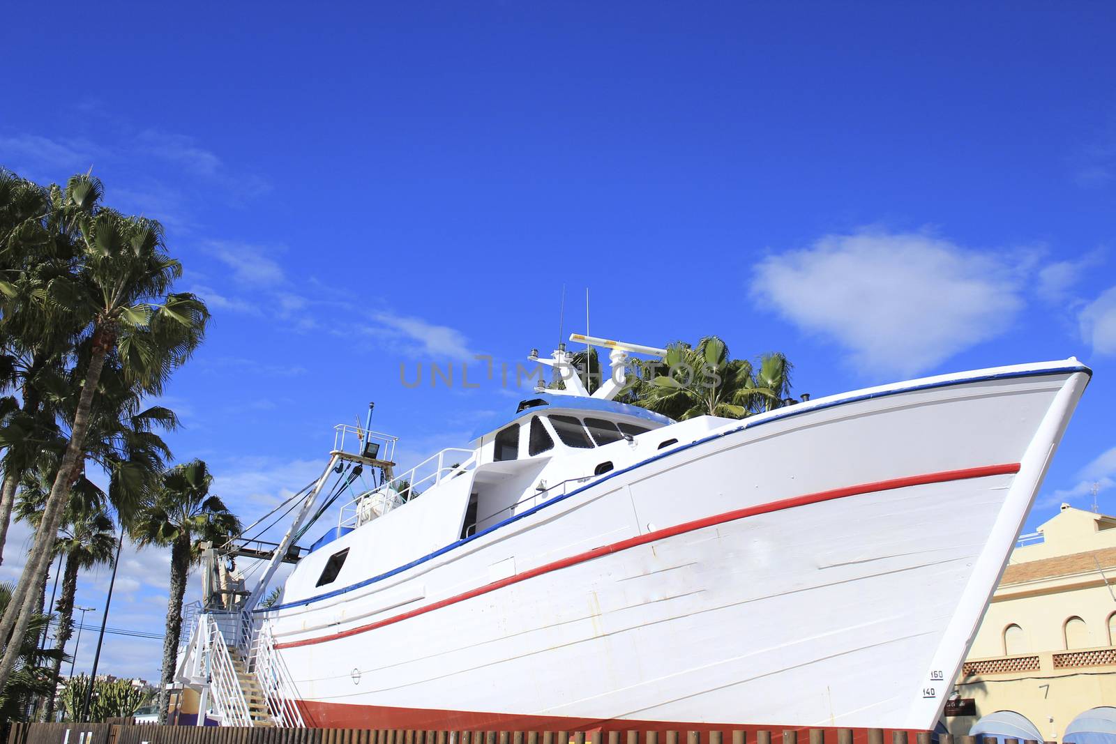 Fishing boat in a square in Santa Pola a small fishing village in southern Spain