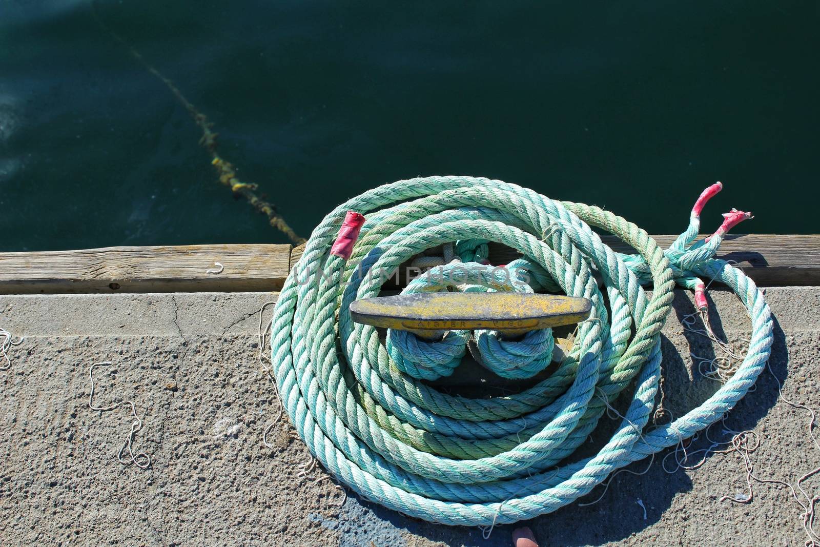 Blue Coiled rope in the dock in the morning